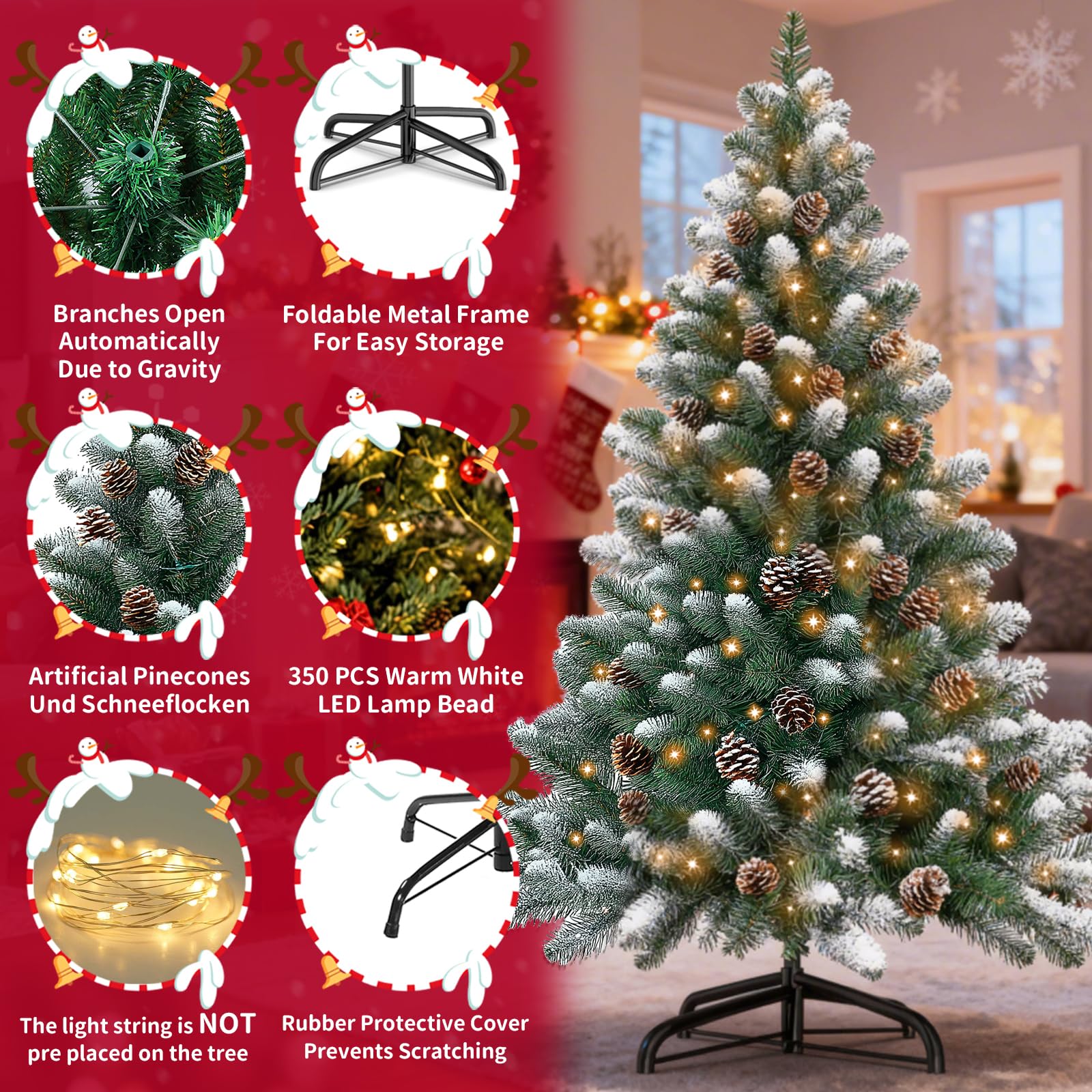 Árbol de Navidad verde de 210 cm con nieve blanca 820 puntas de PVC, 350 luces LED y 36 piñas, artificial plegable con soporte de metal para exterior e interior