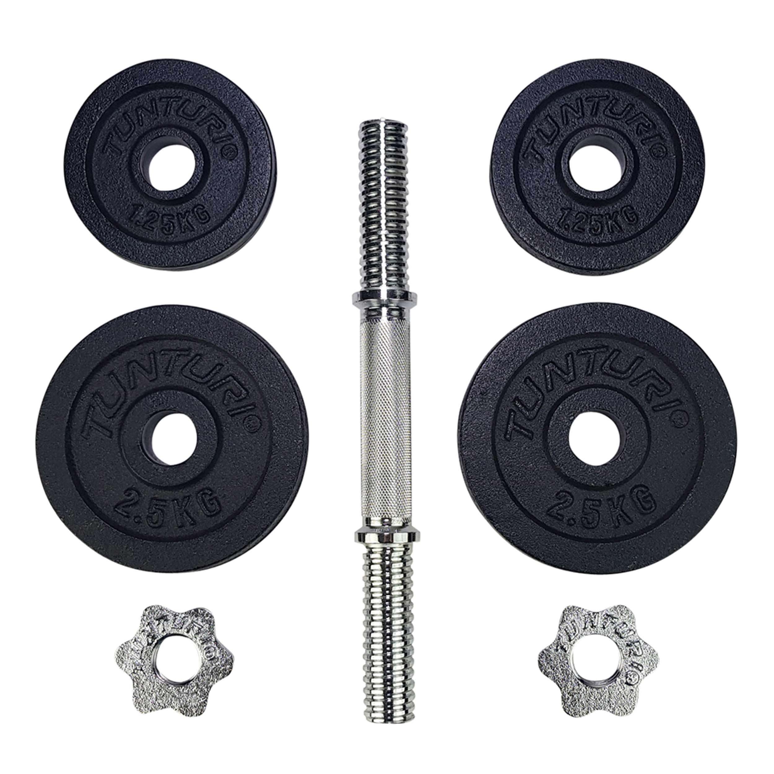 Tunturi Hantel Gusseisen 10kg - Hantelset mit Schraubverschluss - Kurzhantelset - 1 Hantelstange - 30mm - inkl. kostenlose Fitness-App
