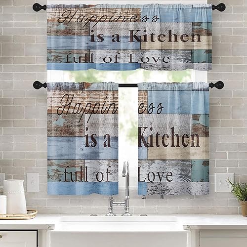 Farmhouse Kitchen Window Curtains Valance and Tier Set 36 Inch Wooden Full of Love Happiness Rod Pocket Short Tier Curtain, Vintage Small Drapes for Kitchen Decor
