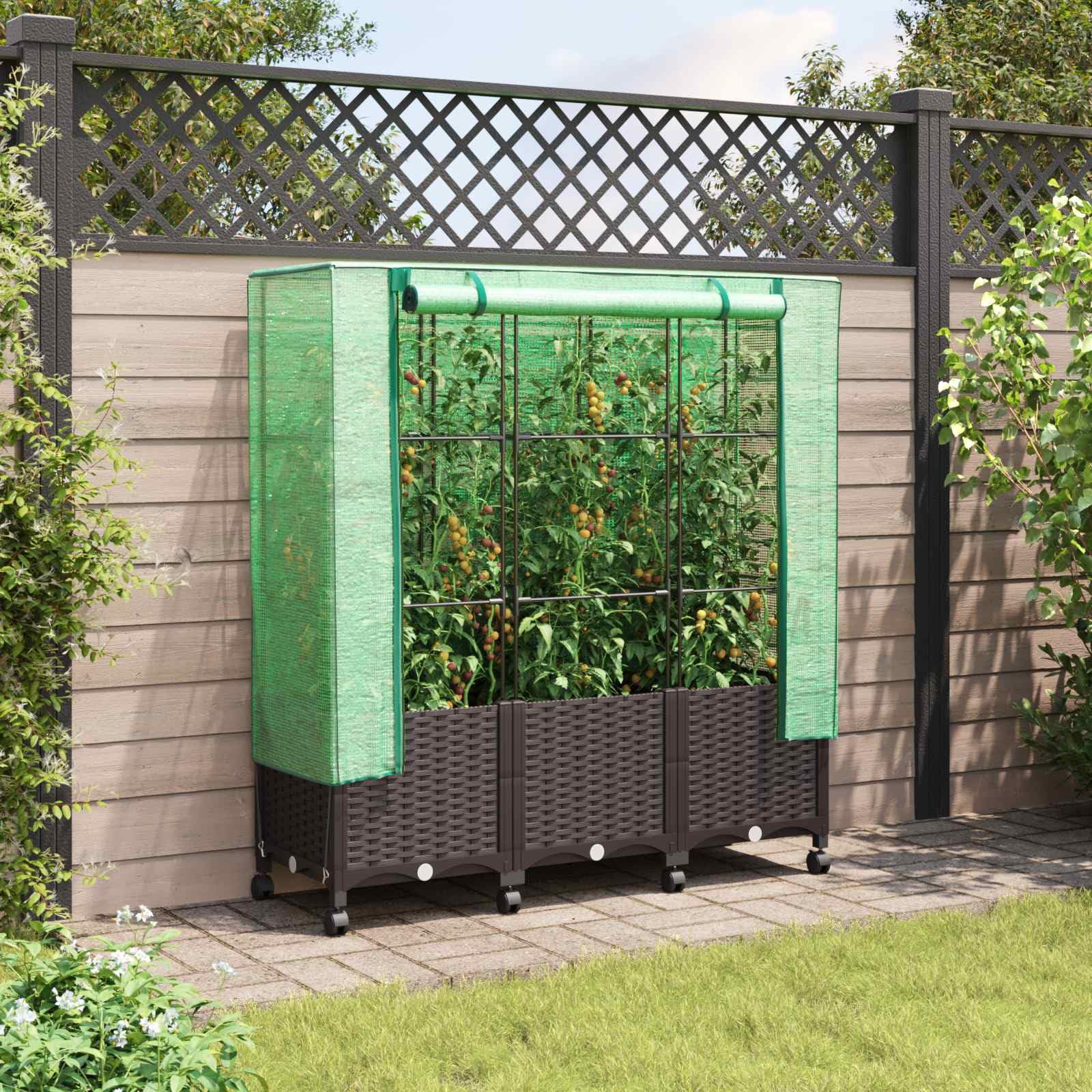 3X Jardinière Polypropylène avec Serre et Roues Marron 120cm