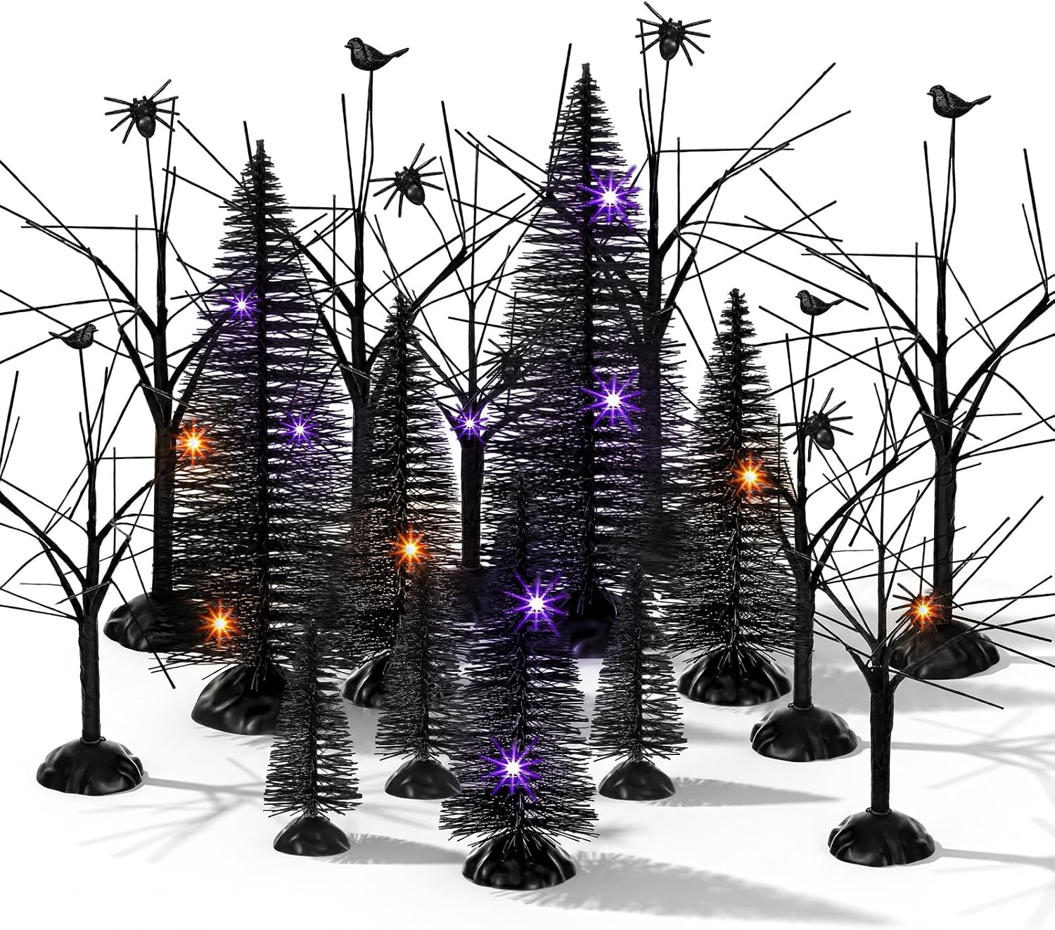 Xinnun 17 Pcs Halloween Village Mini Trees with Orange Purple Lights | 8 Black Bottle Brush Trees & 8 Bendable Branches, 9.84ft Battery LED Lights, Halloween Village Tabletop Haunted Scene Decor