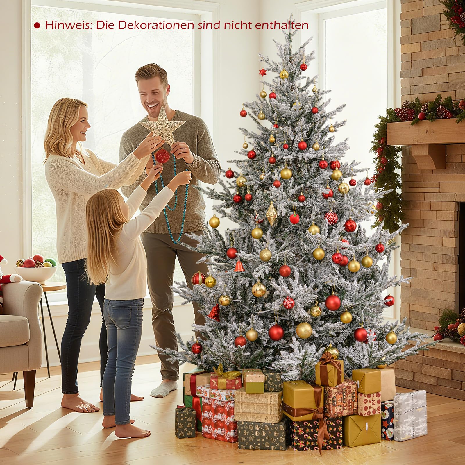 COSTWAY 210 cm Künstlicher Weihnachtsbaum mit Beleuchtung und Schnee, Tannenbaum mit warmweißen LED-Lichtern, 13 Modi, Timer, Einstellbarer Helligkeit, Christbaum, Kunstbaum Weihnachten für Zuhause