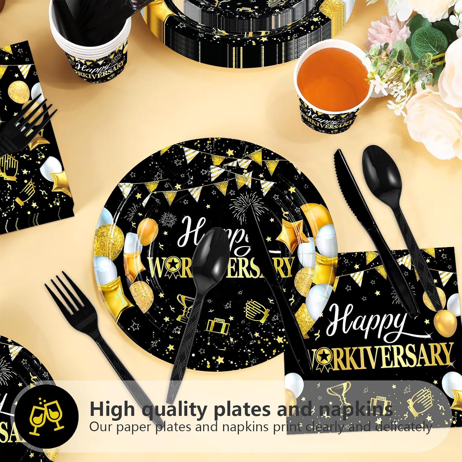 168Pcs Happy Workiversary Party Decorations for Men Women Black Gold Happy Work Anniversary Plates and Napkins Cups Forks Tableware Set for Worker Employee Appreciate Office Party Supplies Serves 24