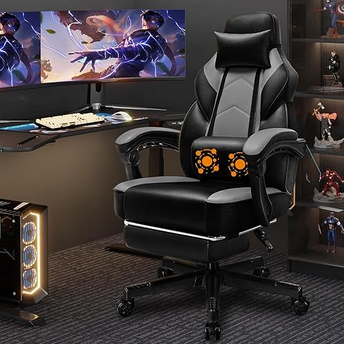 Shintenchi Silla para videojuegos, silla de videojuegos con reposapiés y soporte lumbar de masaje, silla de juego de altura ajustable con asiento