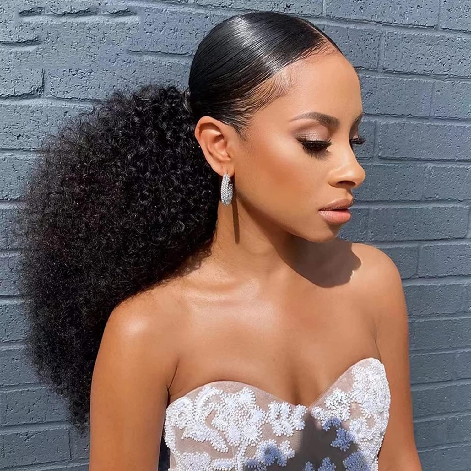 Black Curly Long Ponytail Extension Drawstring Ponytails for Black Women Remy Human Hair Extensions Curly Ponytail with 2 Clips(1B 18 Inch)