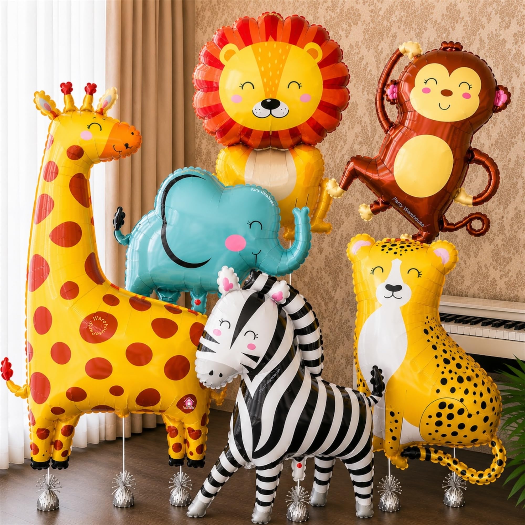 Party Warehouse Jungle Safari Theme Animal Foil Balloon Set Full Body-Giraffe, Lion, Monkey, Elephant, Zebra & Leopard Balloons for Kids Birthday Decoration,1st Birthday,Wild One Party-6Pcs XL Size-image-41