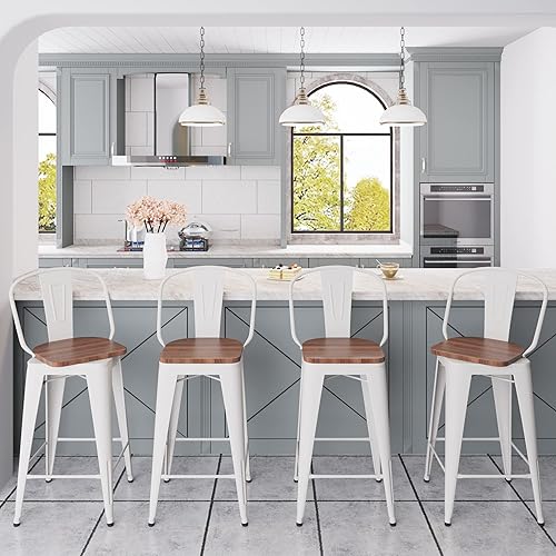 Miniatura 8 de Aklaus Juego de 4 taburetes de bar giratorios de metal, taburetes de barra con respaldo giratorio, asiento de madera, taburetes de bar de 30