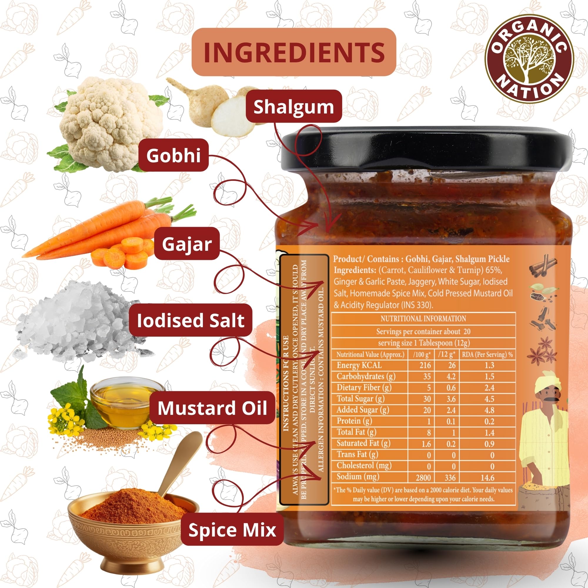 ORGANIC NATION Deliciously Tangy Gobhi Gajar Shalgam Pickle | Homemade Pickles with Authentic Flavor | Mixed Pickle Made with Fresh Ingredients | Organic Pickle 250g Jar, Vibrant Color 3