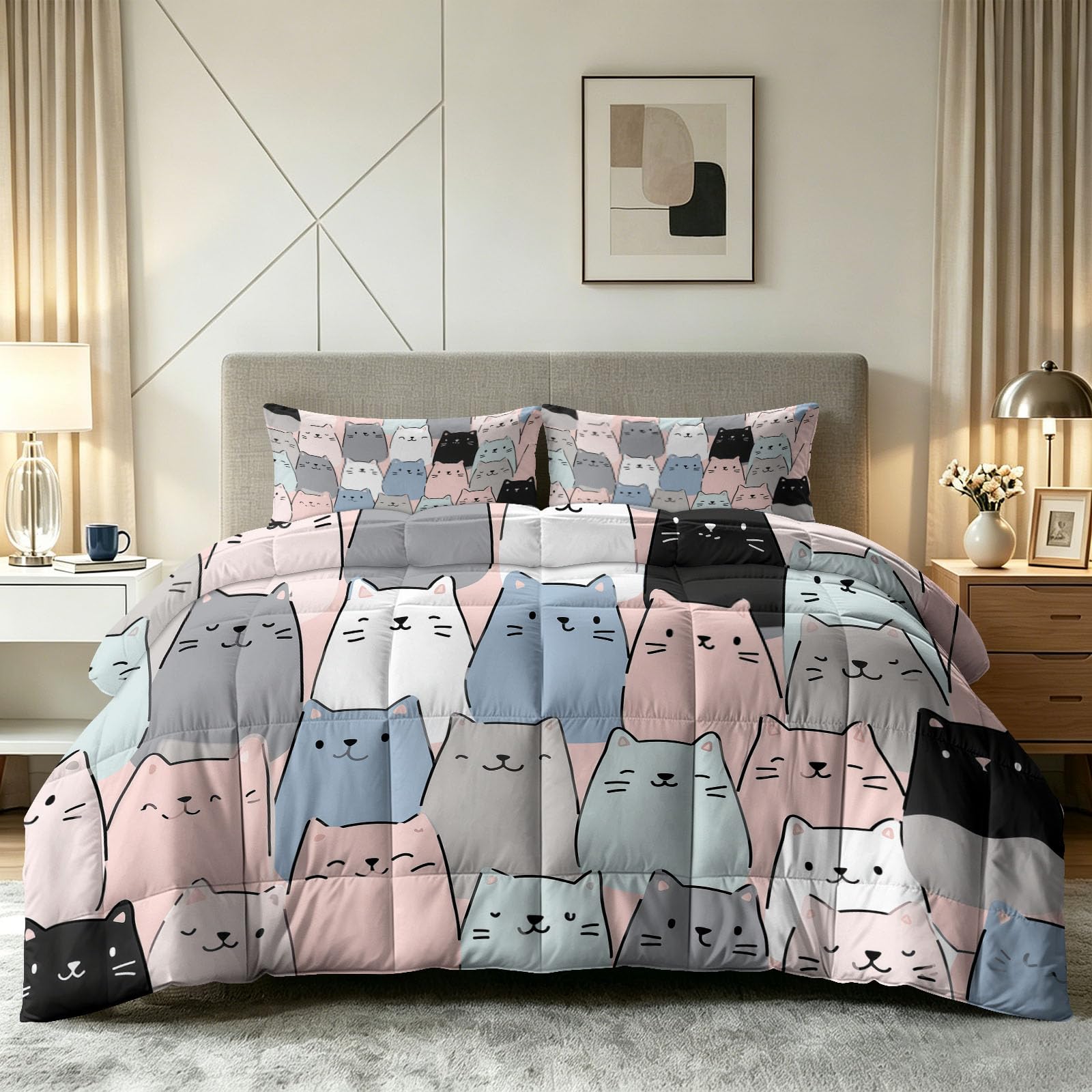 Generisch Edredón calmante de dibujos animados, sin funda, 155 x 220 cm, con cara de gato, hipoalergénico, para todo el año, con 2 fundas de almohada de 80 x 80, reversible, lavable, manta para las 4