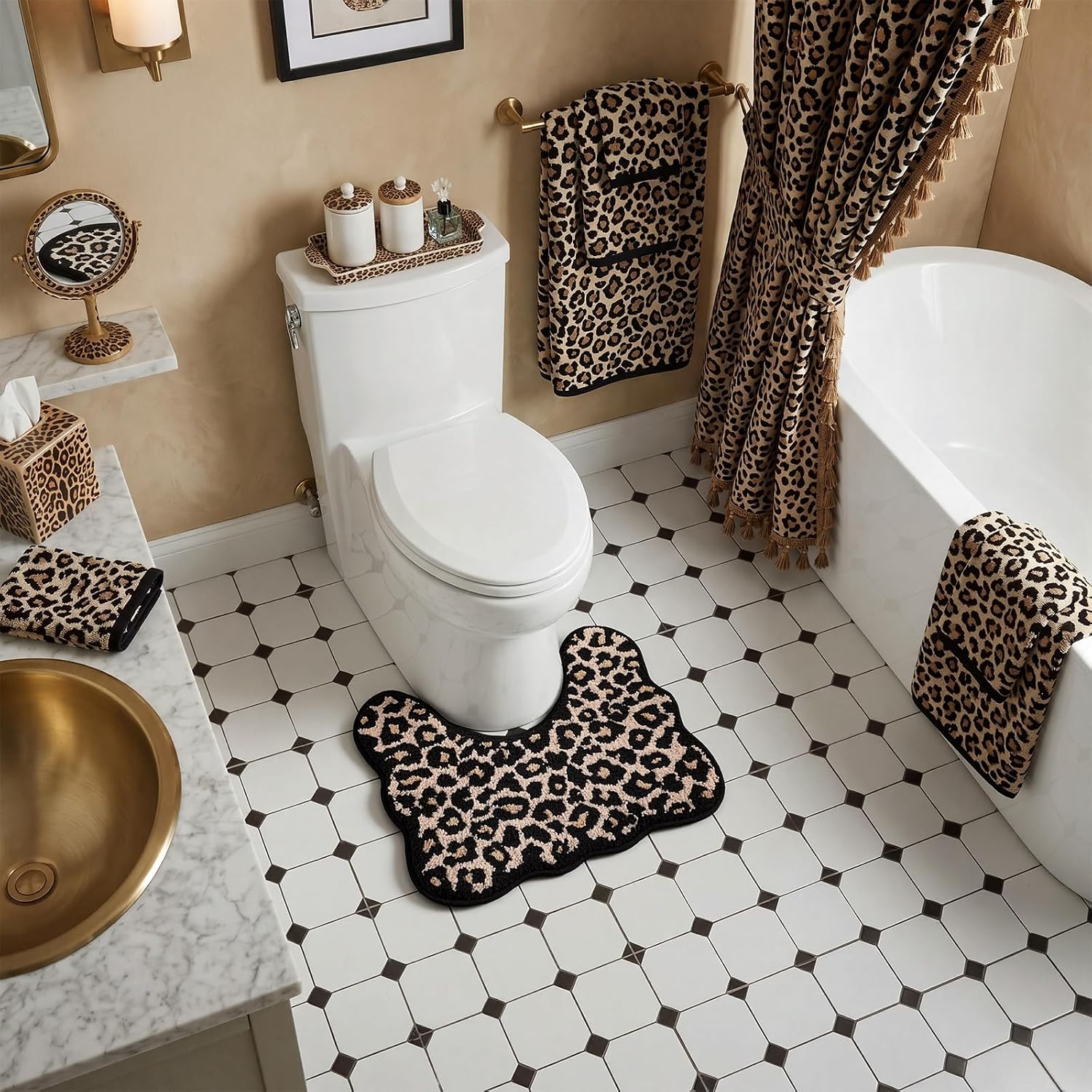 Brown Leopard Bathroom Rug U Shape Scalloped Toilet Rug
