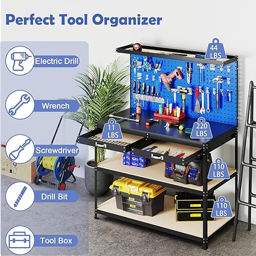 Miniatura 6 de Goplus Banco de trabajo de 48 x 24 pulgadas, mesa de trabajo resistente con 3 tableros de clavijas, 2 cajones y 4 estantes, 24 accesorios para