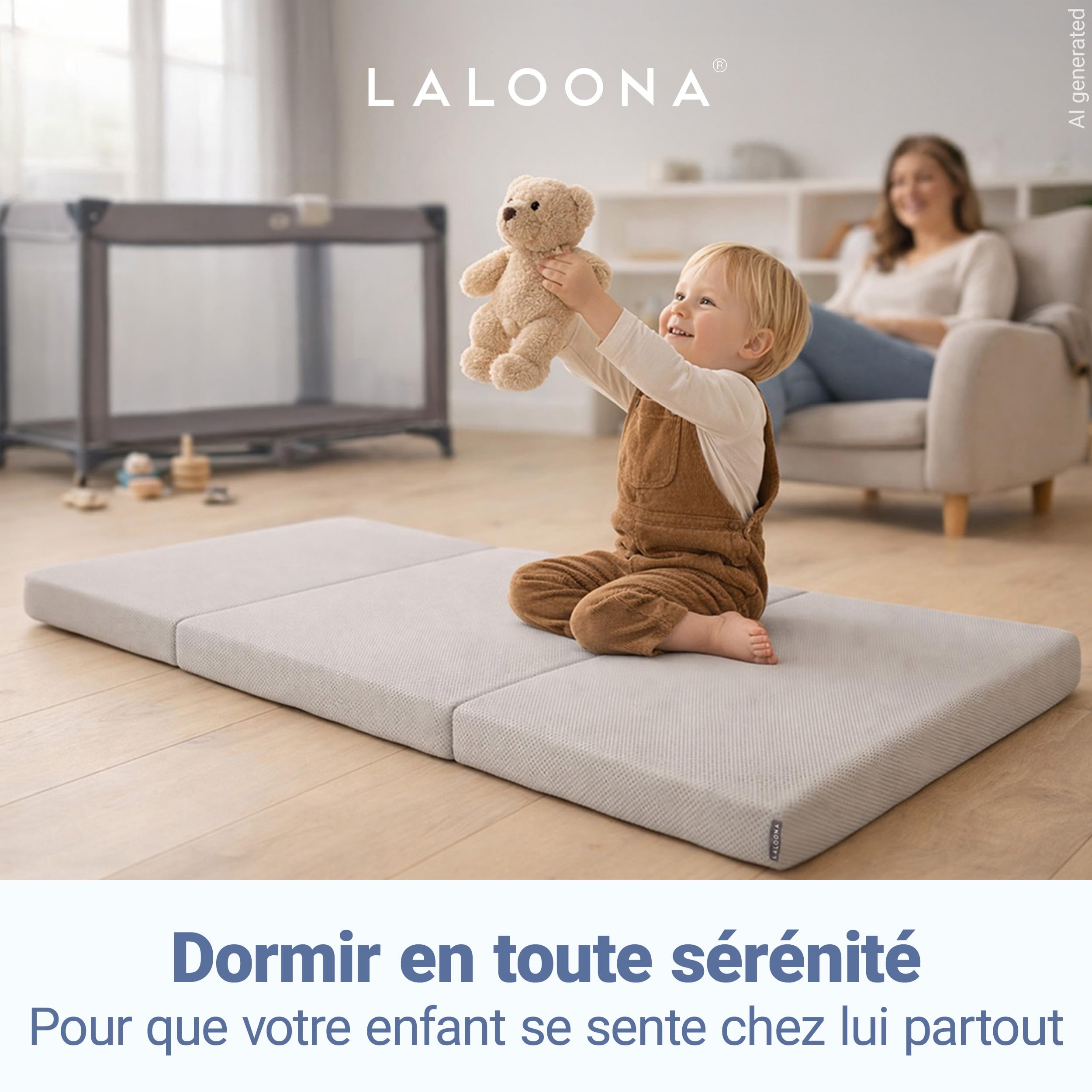 LaLoona Matelas Bebe 60x120 cm pour Lit Parapluie – Matelas Pliable de Voyage, Hauteur 5 cm, Respirant, Housse Lavable, Certifié Oeko-TEX, avec Sac de Transport – Gris