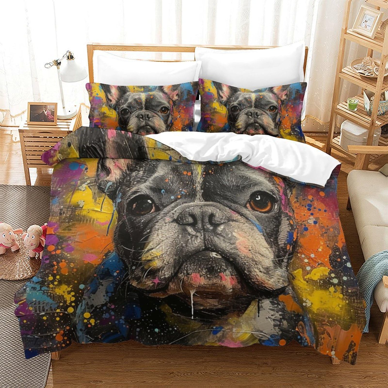 Parure de lit bouledogue français en microfibre anti-froissement avec zip pratique