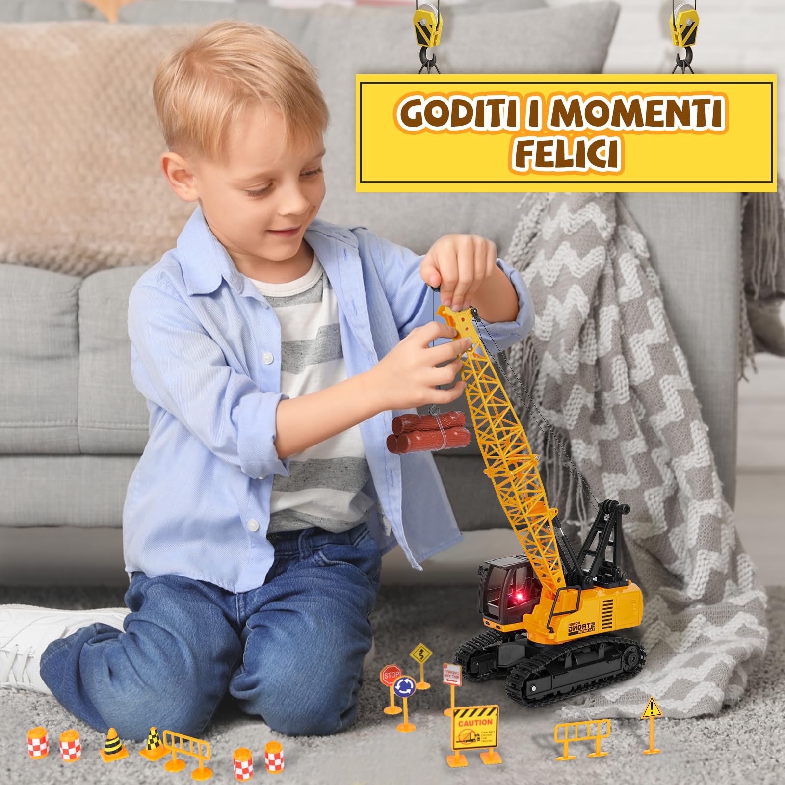 Charmofun Gru Giocattolo per Bambini, Gru Telecomandata a 12 canali, 2,4G Gruetta RC con Luci e Suoni, Regali di Natale per Bambini per La Festa del Compleanno