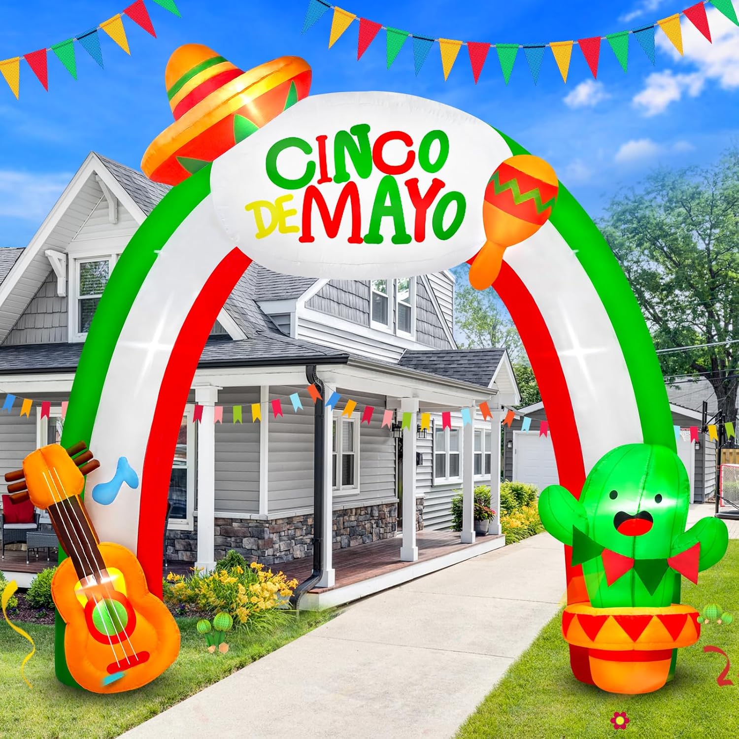 Danxilu 8 FT Cinco De Mayo Inflatable Outdoor Decorations, Fiesta Inflatable Archway with Cactus & Guitar May 5th Blow Ups Yard Decoration Built-in LEDs for Garden Indoor Party Mexican Decor