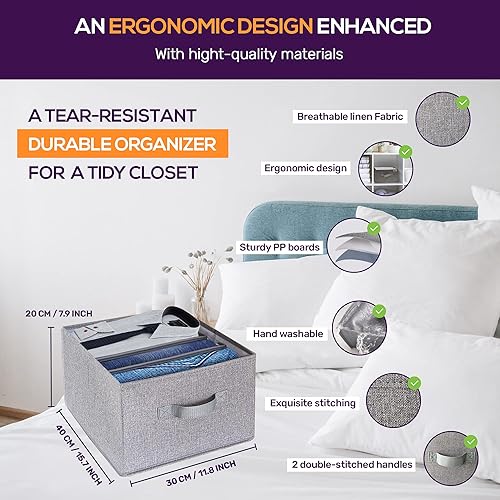 Miniatura 3 de Organizador grande de lino para jeans con 6 divisores extraíbles y 2 asas para hasta 7 rejillas, organizador plegable de almacenamiento de ropa para