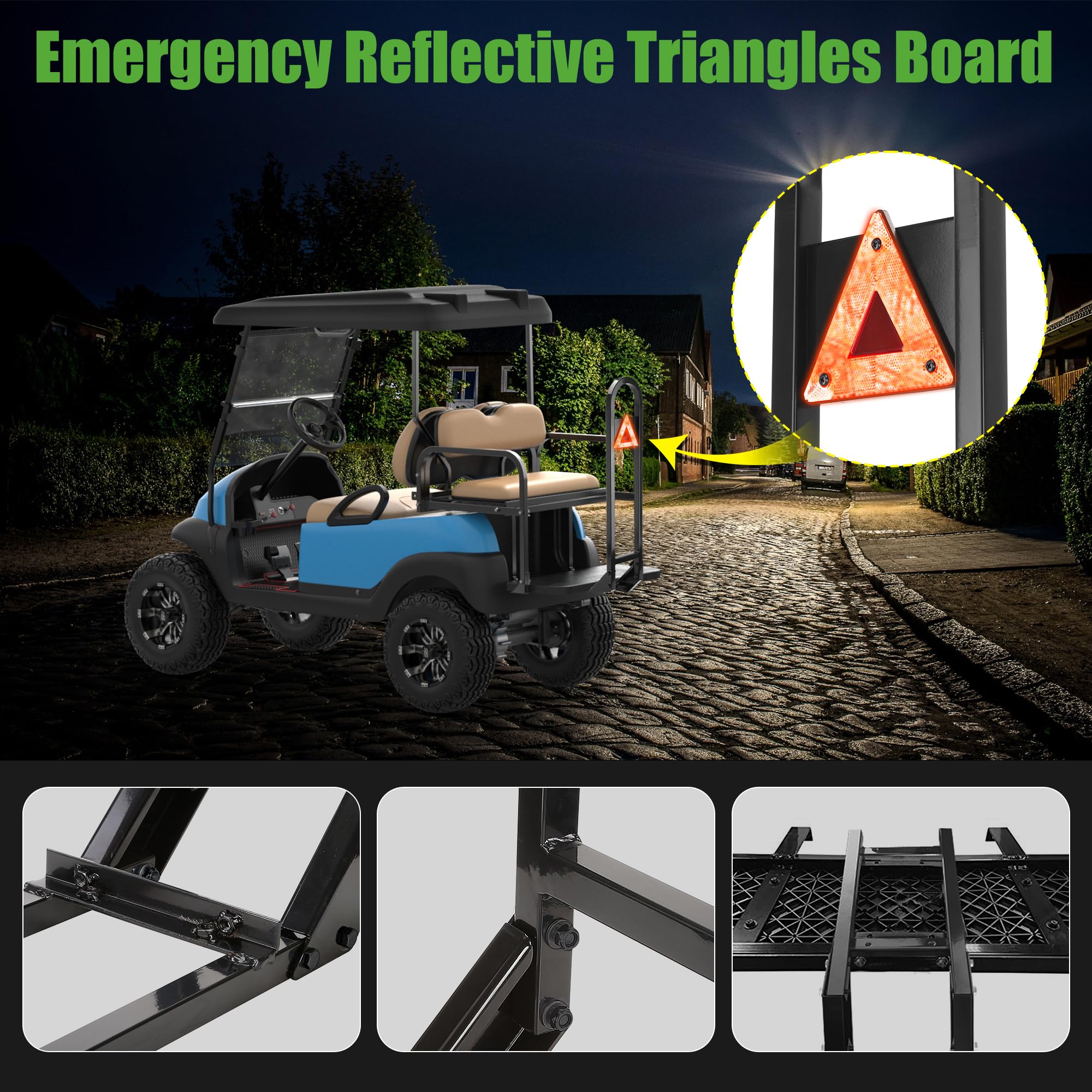 10L0L Golf Cart Barre d'appui de sécurité arrière universelle compatible avec Yamaha Club Car EZGO chariot de golf avec panneau triangulaire réfléchissant