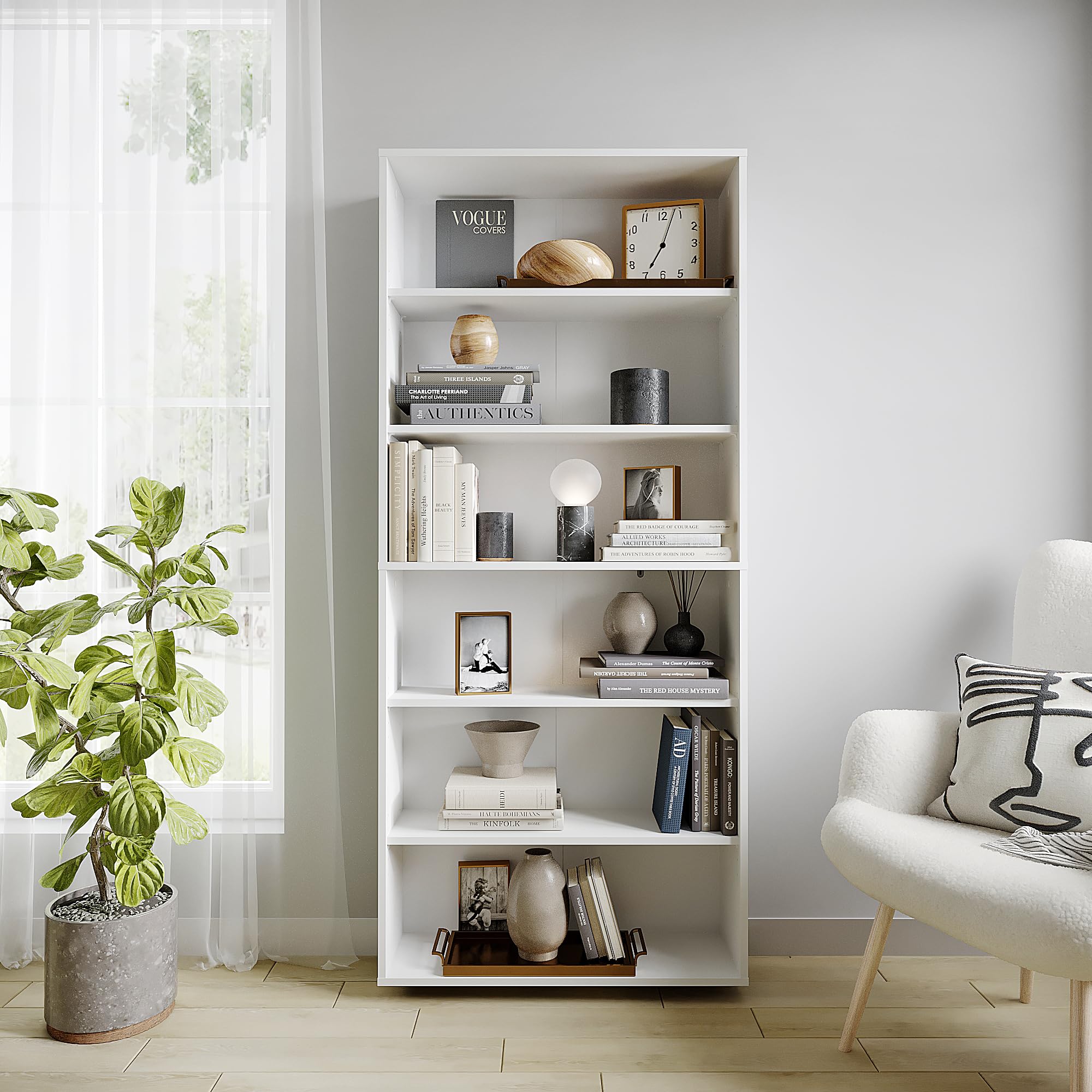 KOMTO Regal 80 cm breit Weiß - Bücherregal mit 6 Ebenen und Höhenverstellbare Regale, Standregal, Aufbewahrungsregal | Bookshelf Lumo 80 x 180 x 24 cm (BxHxT)