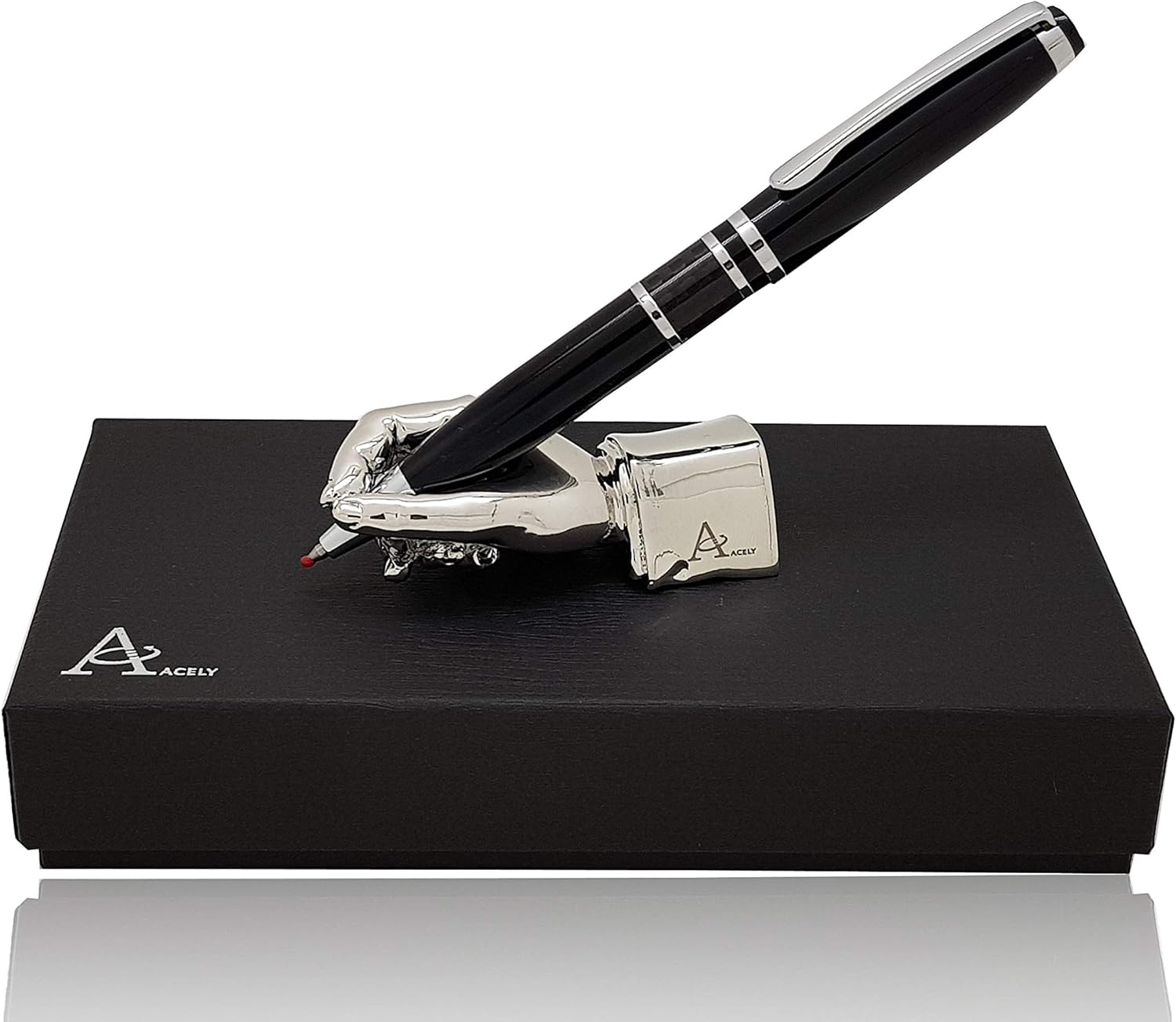 ACELY Executive Carbon Fiber gel ink Ball Pen with hand shaped Pen Holder Desk Decorations for Men - Pen & holder Set (Silver)
