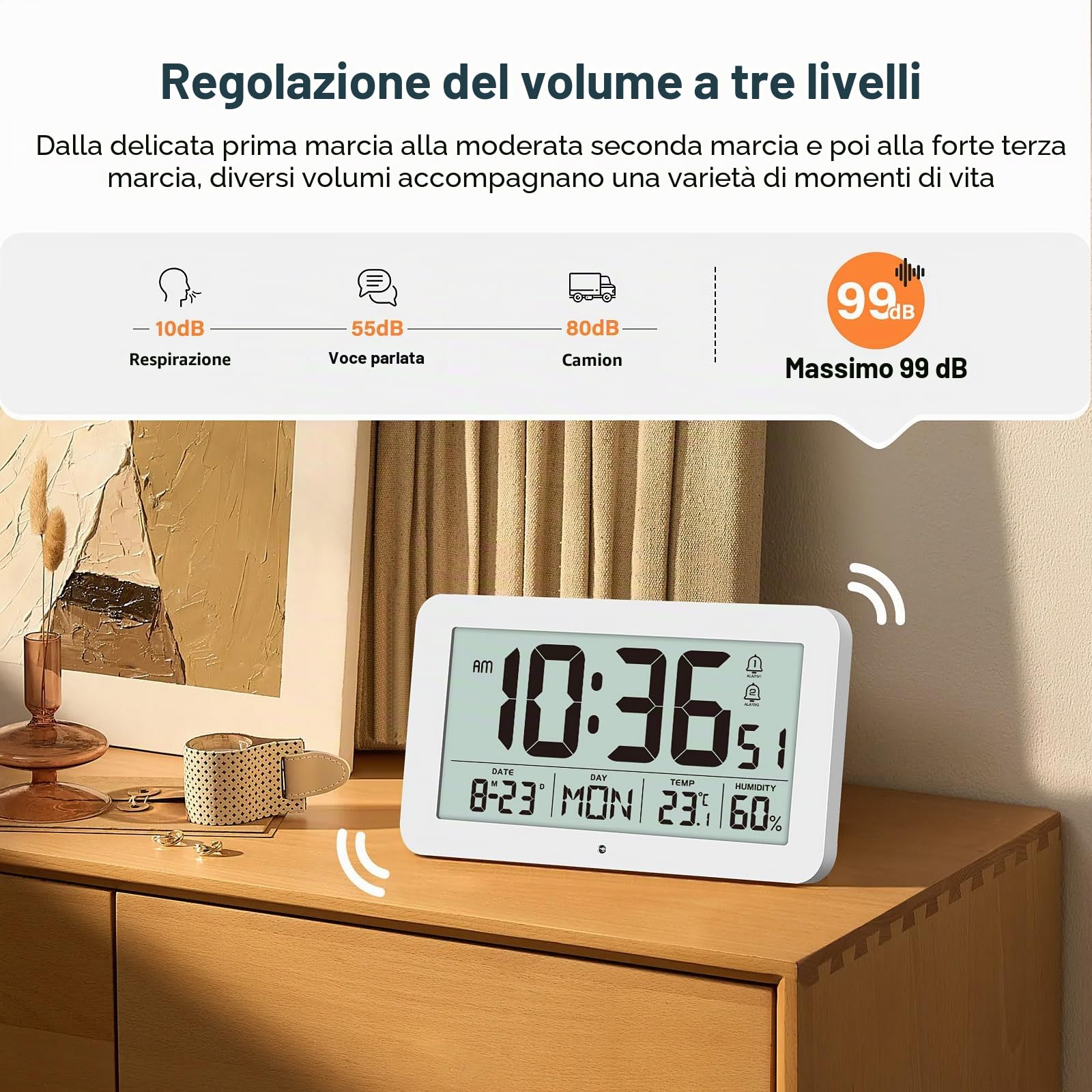 Grande sveglia digitale con monitor di temperatura e umidità, orologio da parete USB/alimentato a batteria intelligente da montare a parete e da comodino con oscuramento automatico, DST