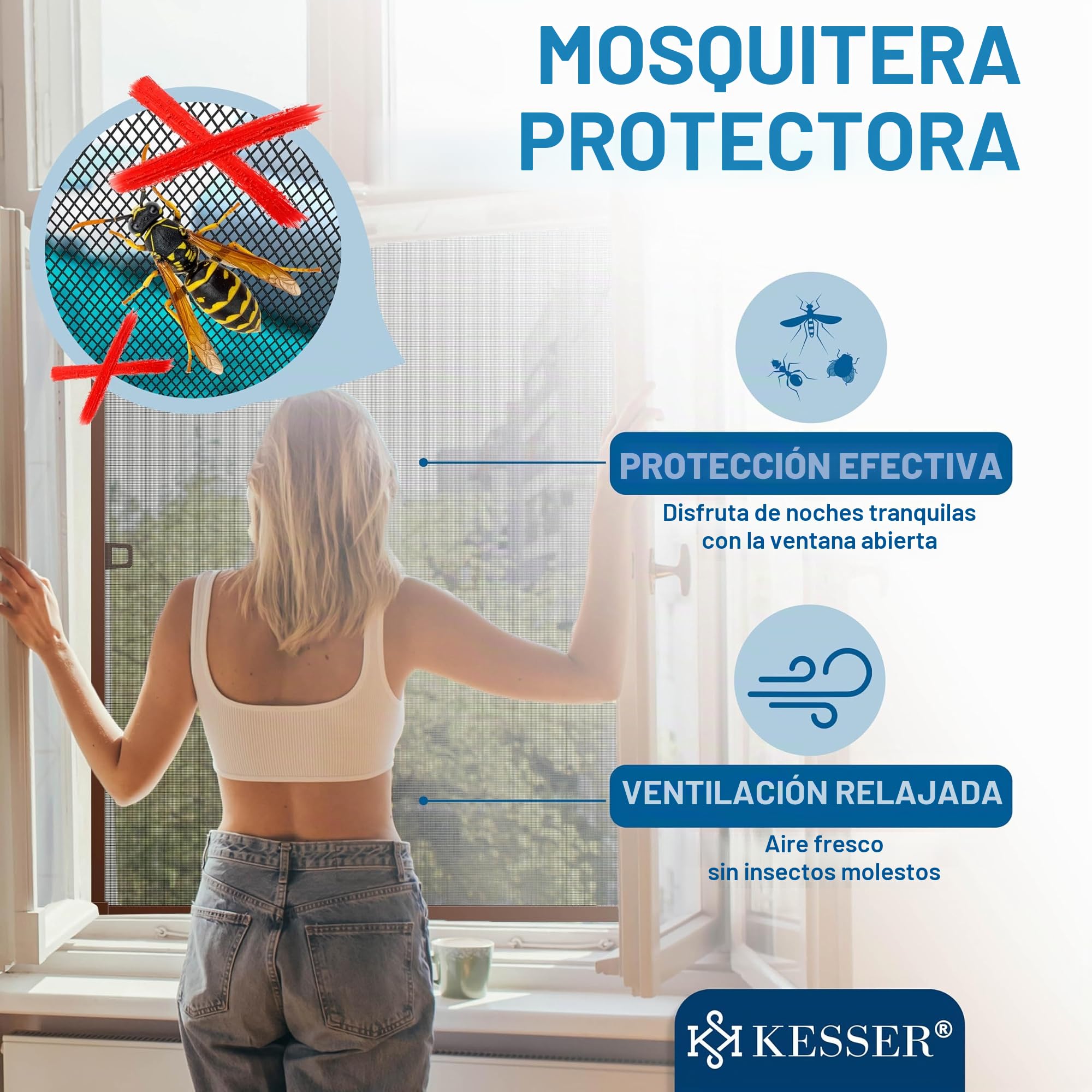KESSER® Mosquitera para ventana, 80 x 100 cm, protección contra mosquitos con marco de aluminio, marco tensor, mosquitera sin necesidad de taladrar, protección contra insectos, red antimosquitos para