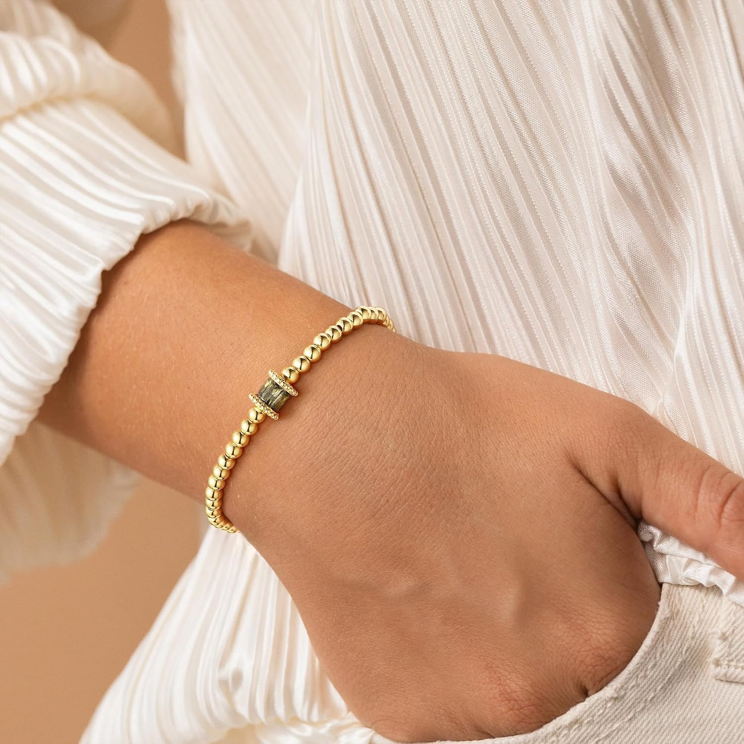 M MOOHAM Valentines Gifts for Her Girls - Birthstone Gold Beaded Bracelets for Women, Dainty Elastic 14K Real Gold Plated Bracelets Trendy Non Tarnish Friendship Birthday Jewelry Gifts for Women - Image 4