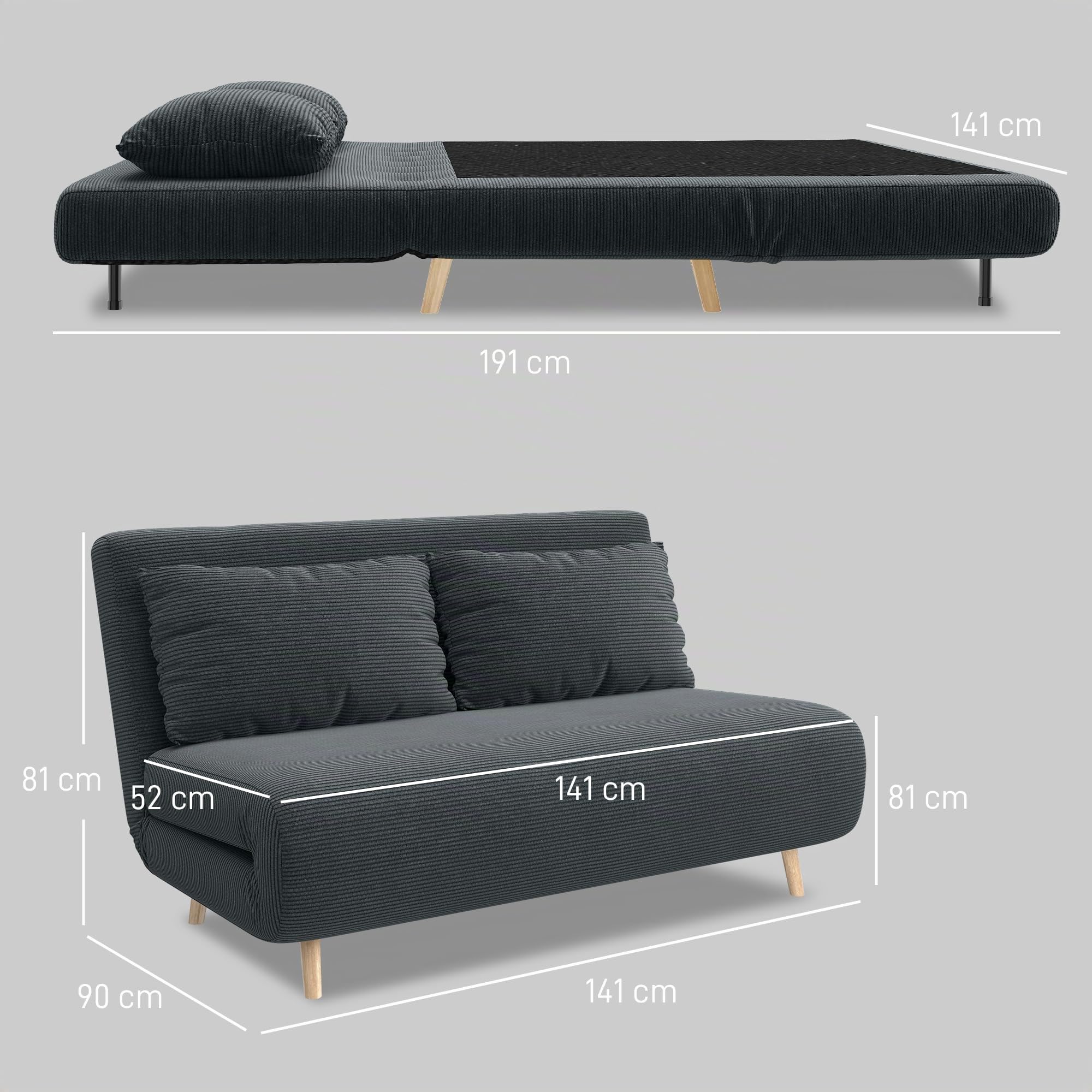 HOMCOM 3 in 1 Schlafsofa Klappbar 191 x 141 cm Schlaffunktion Dunkelgrau