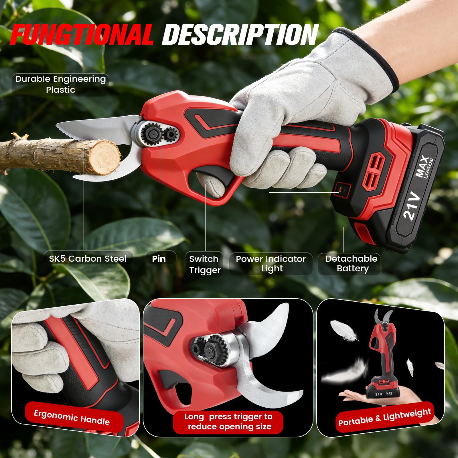 Sécateur électrique Compatible avec Les Batteries Makita 18 V, diamètre de Coupe Max. 30mm, sécateur sans balais avec écran LCD, pour Branches, arbustes, Troncs et Taille de la Vigne