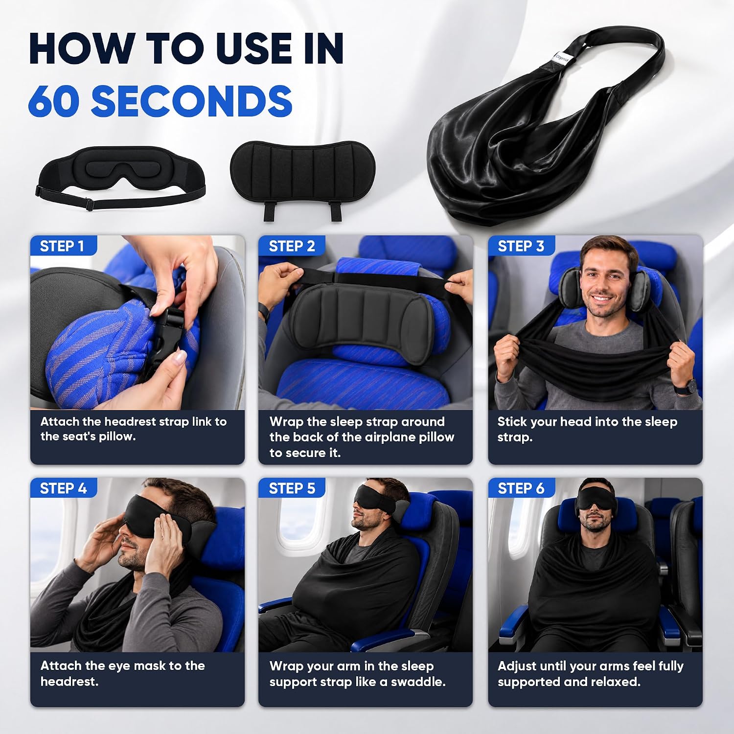 Avernio Travel Pillow with Eye Mask, 3-in-1 Airplane Sleep Support Travel Essentials for Comfort, Portable Sleep System with Neck Support Head Strap, Sleeper Hold for Flight Car Train (L Size)