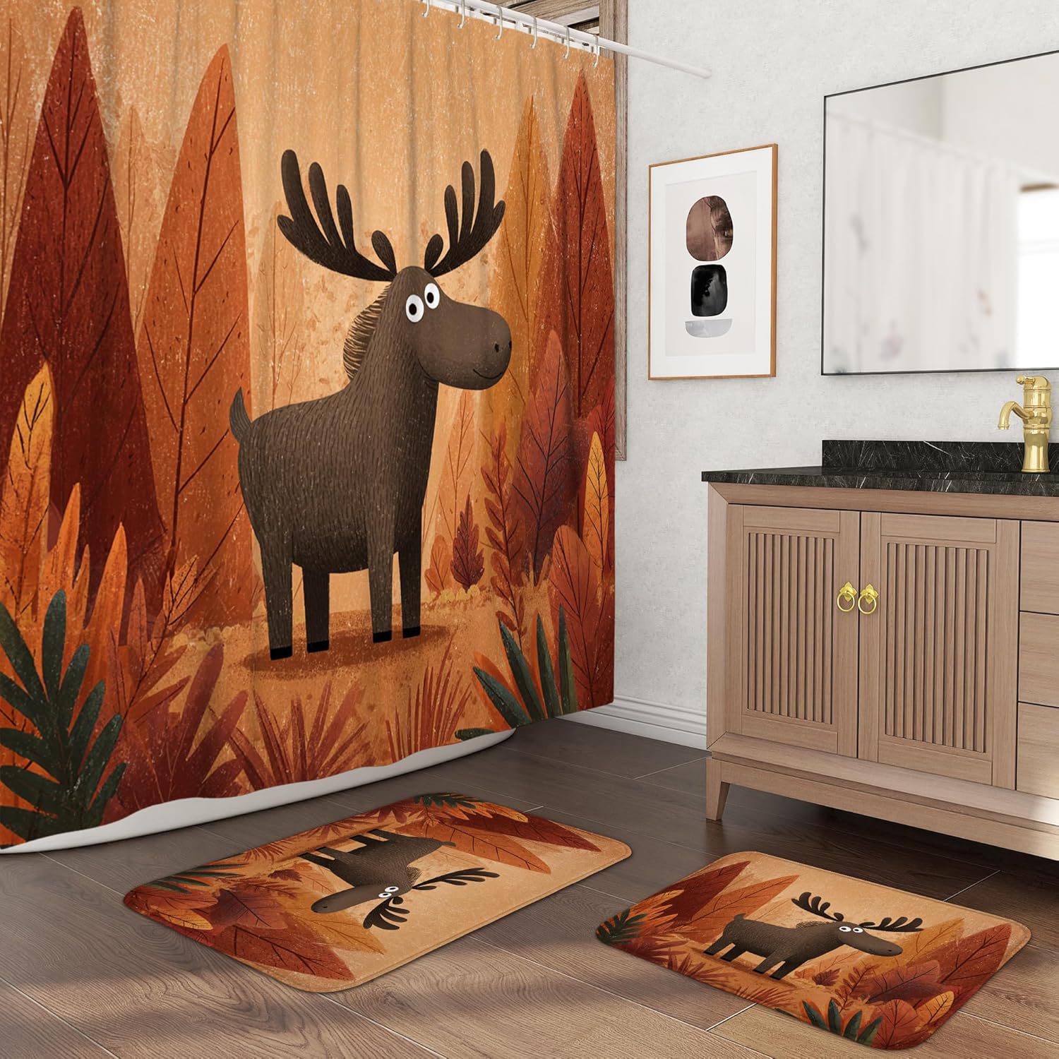 3PCS Fall Cartoon Moose Kid Bathroom Accessory Set with Two Non-Slip Washable Bath Rugs (16x24&20x32), Autumn Woodland Forest Deer Bathroom Mat Decorative-72''x72'''