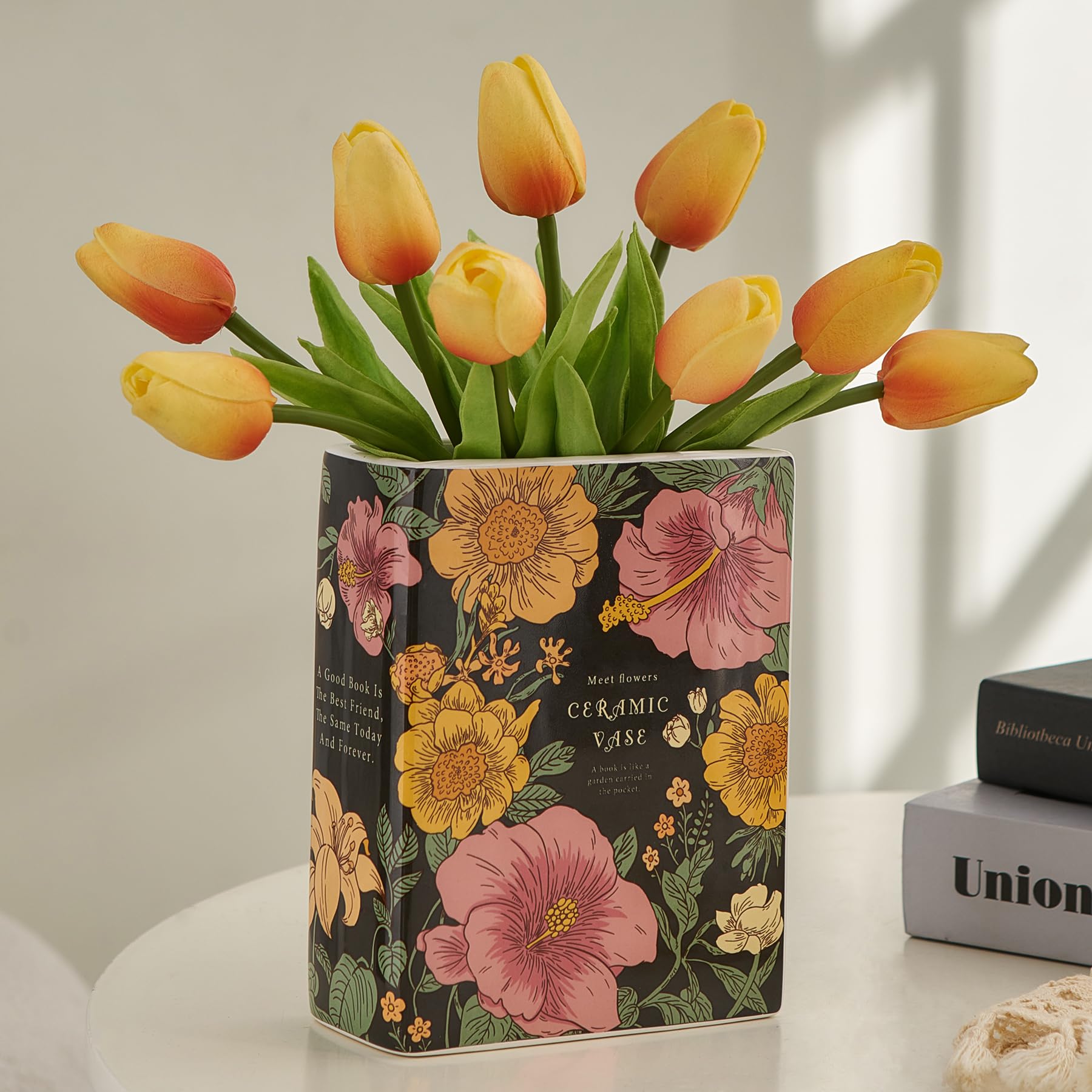 FJS Book Vase Modern Book Shaped Ceramic Vases for Flowers, Table Centerpieces Vases for Aesthetic Room Decor, Black Decorative Vase for Bookshelf Office Dining Room Living Room Decoration