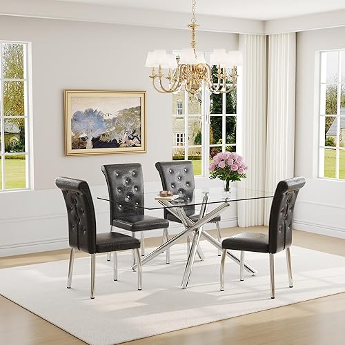 Miniatura 34 de Juego de mesa de comedor moderno de 63 pulgadas para 6 personas, juego de 6 mesas de comedor de cristal con patas de metal plateado, mesa de cocina