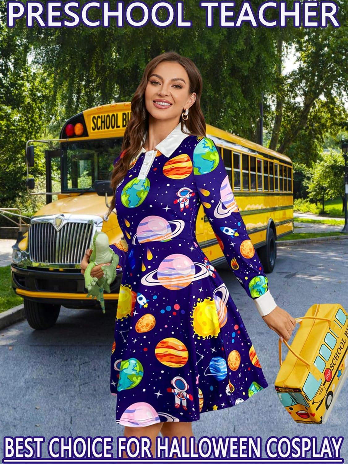 Womens Long Sleeve Peter Pan Collar Aline Dress for Halloween Role Play Party Teacher Costume with Bus Bag