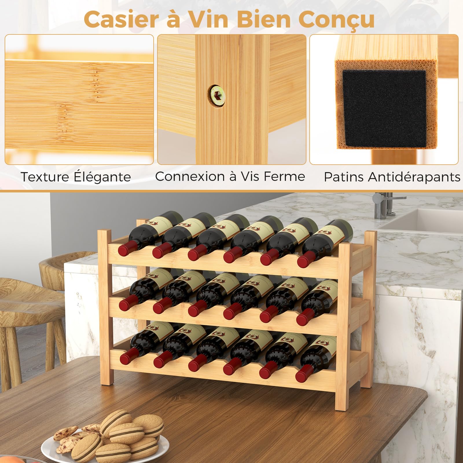 COSTWAY Casier à Vin en Bambou pour 18 Bouteilles à 3 Niveaux, Casier à Bouteilles, Étagère à Vin, Range Bouteille sur Pied, pour Cuisine, Garde-Manger, Pub, Cave à Vin, Naturel