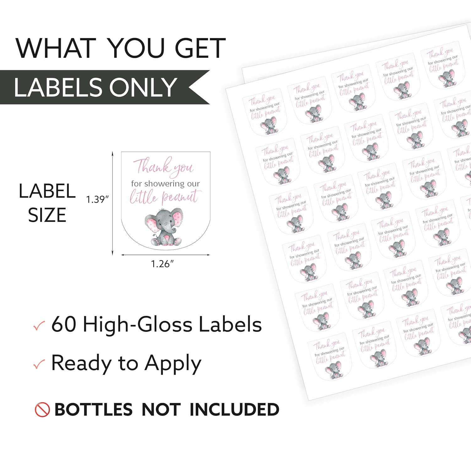 60 Pack 1 oz Mini Hand Sanitizer Labels for It’s a Girl Baby Shower – Thank You for Showering Our Little Peanut Favor Stickers, High Gloss Waterproof Pink Elephant Baby Shower Party Favors S500-61