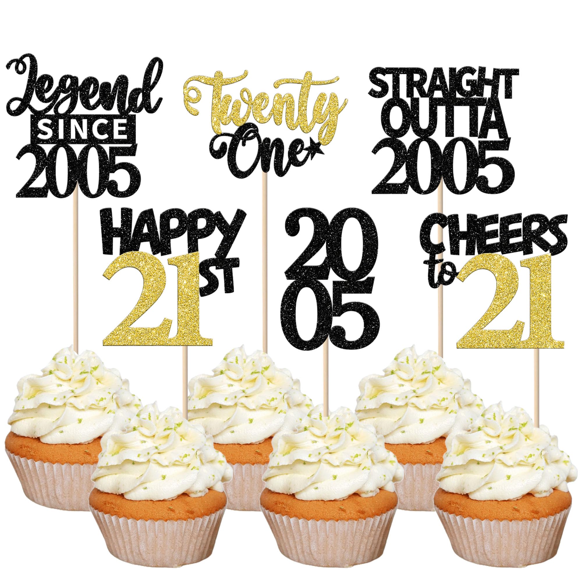 Xsstarmi 24 Pcs 21st Birthday Cupcake toppers Black Gold Glitter Hello twenty one Legend Since 2005 Cake Picks for Cheers to 21 years old Birthday Party Decorations Supplies