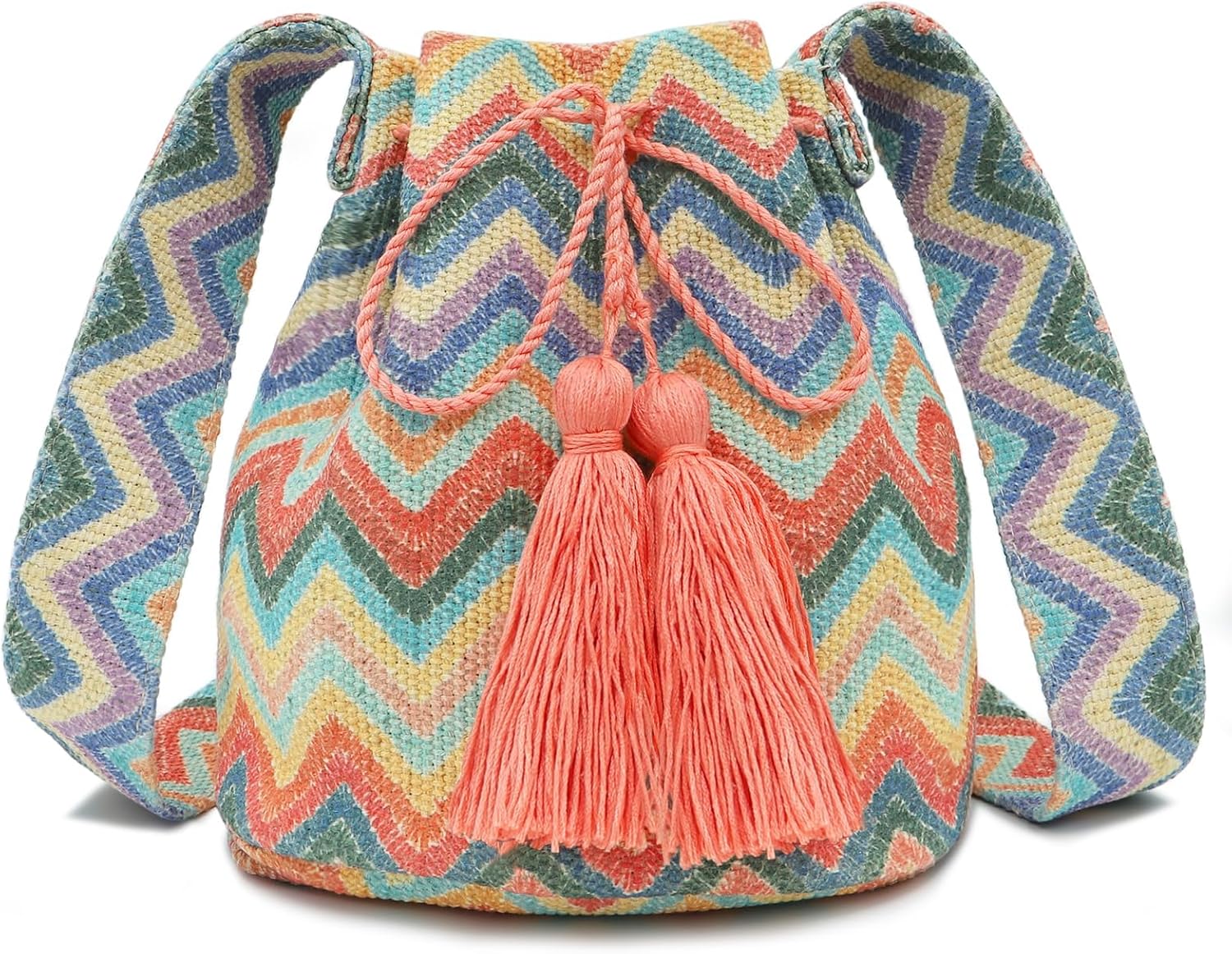 Canvas Crossbody Bags for Women, Tassels Drawstring Bucket Bag, Bohemian Handbag, Tote Bag Large Capacity Travel Tote Bag for Vacation Travel Daily Matching