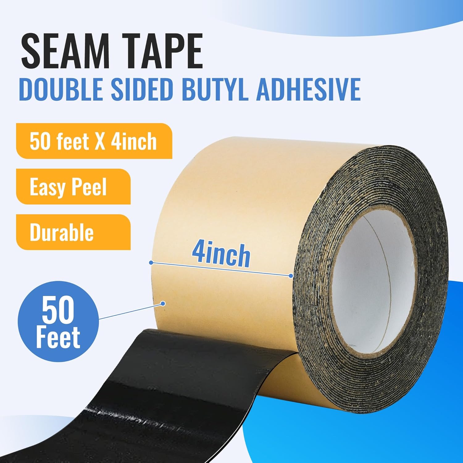 Pond Liner Seam Tape 4" x 50' - Double Sided Butyl Adhesive Tape for EPDM Liners, Waterproof Repair Patch for Ponds, Fish Ponds, Water Features & Outdoor Landscaping (Black)