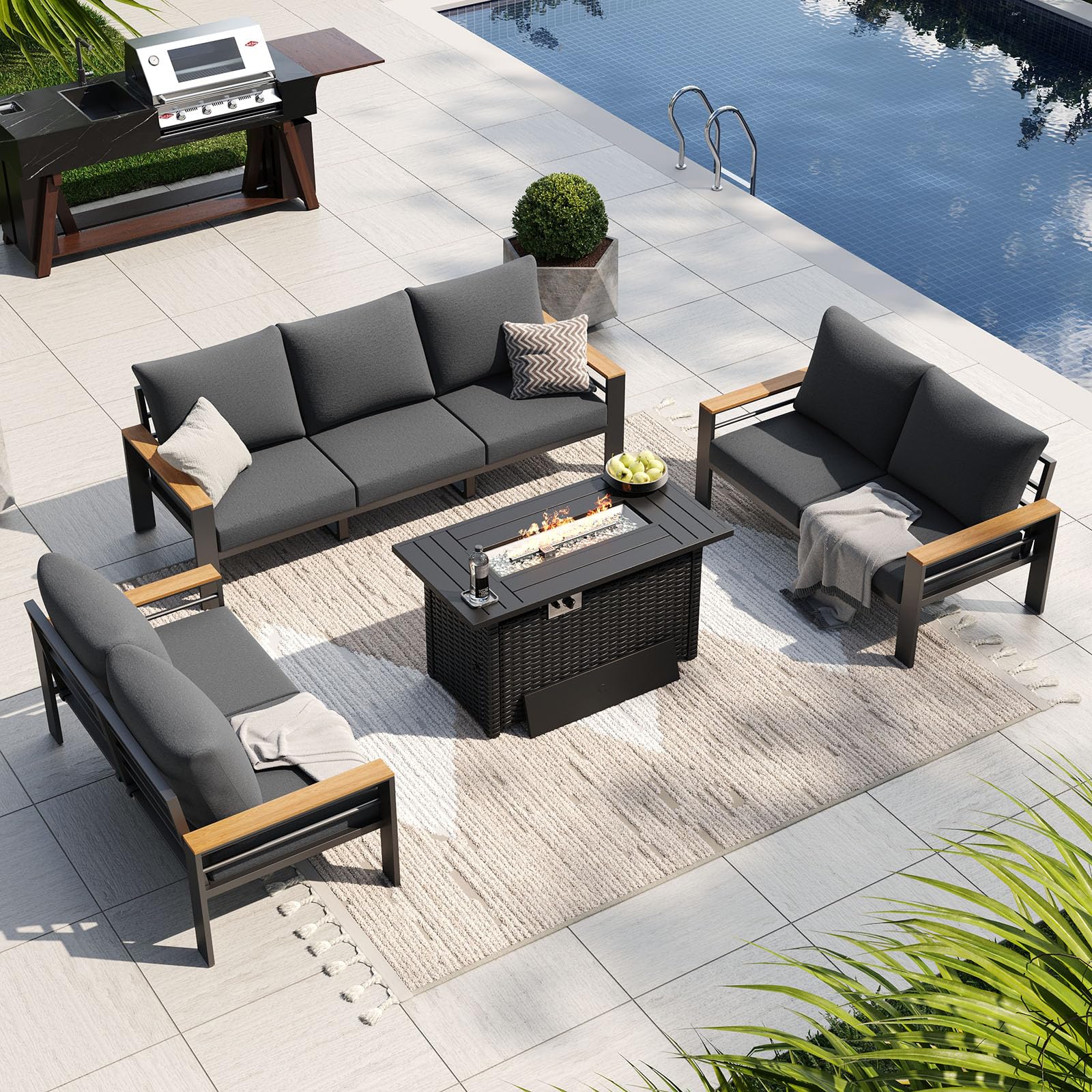 Aoxun Patio Furniture Set, Aluminum Outdoor Furniture with Fire Pit Table