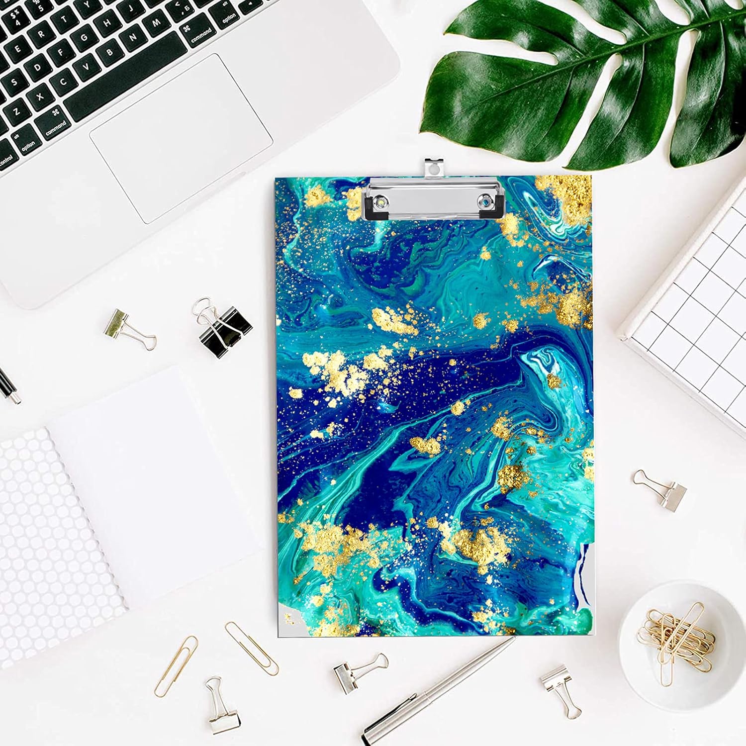 2 Pack Clipboards, MAPRIAL Fashion Decorative Marble Letter Size Hardboard with Low Profile Clip A4 Standard Designed for Nurses, Students, Classroom, Office, Women, Man, Kid, Cyan and Gold(12.5"x9") : Office Products