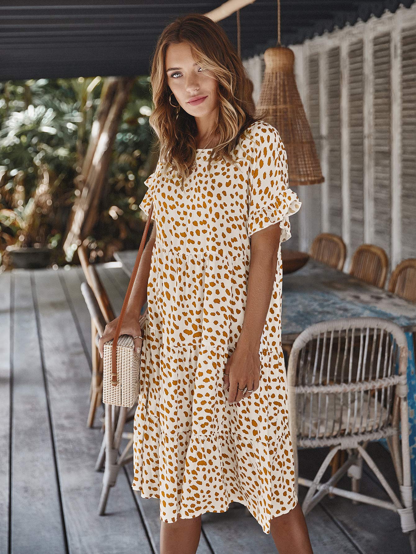 MessBebe Abito Donna Casual a Maniche Corte Vestito Donna Corto a Girocollo con Ruches Abito Elegante Estivo Primavera Mini Abito da Spiaggia