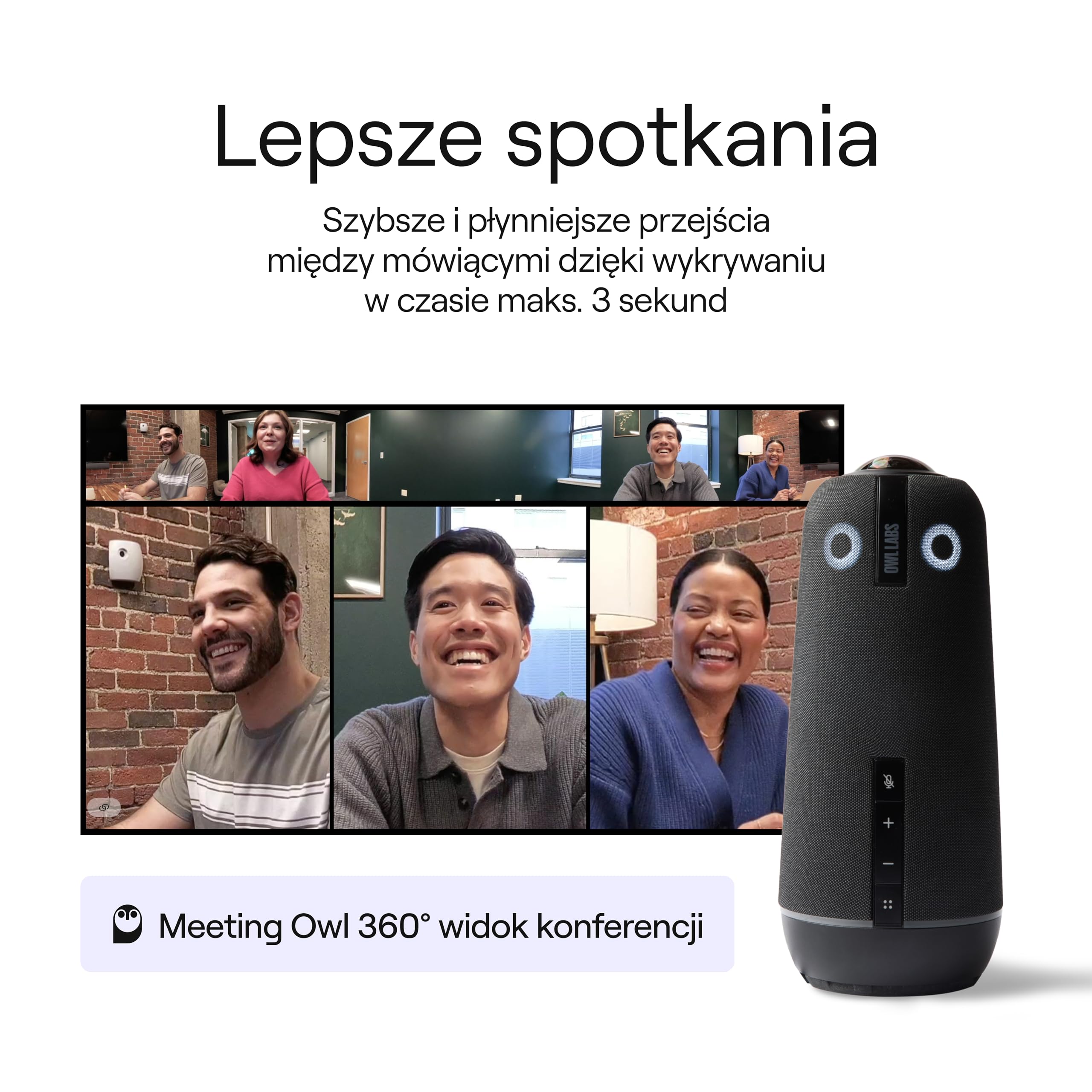 Owl Labs Meeting Owl 4+ 360° 4K Inteligentna Kamera do Wideokonferencji z Mikrofonem i Głośnikiem (Auto-fokus mówcy, Inteligentne przybliżanie, Redukcja szumów, Certyfikowana Microsoft Teams)