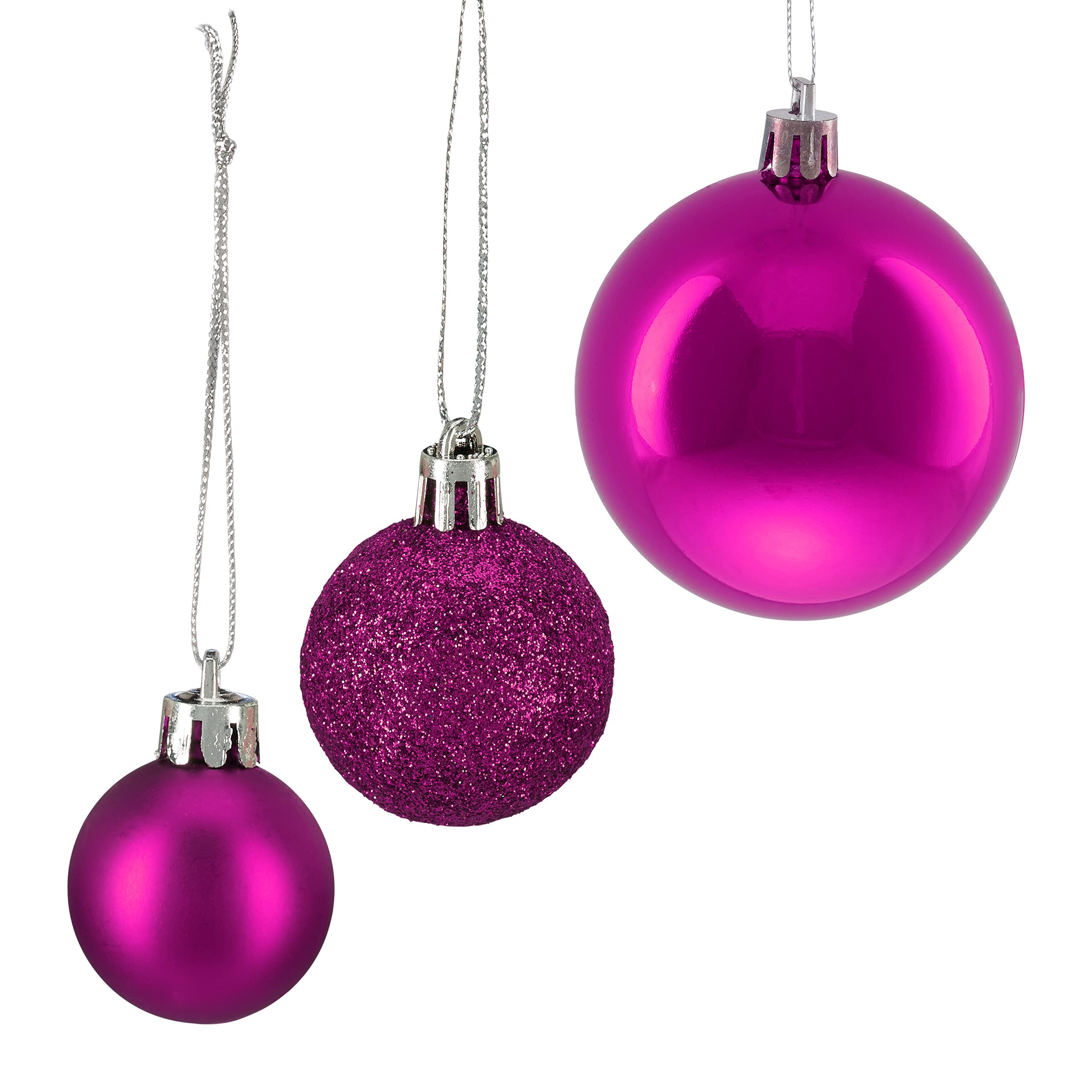 Relaxdays Palline di Natale, Set da 100, Addobbi Natalizi, Opache, Lucide, Glitterate, ∅ 3,4 e 6 cm, Decorazioni, Fucsia