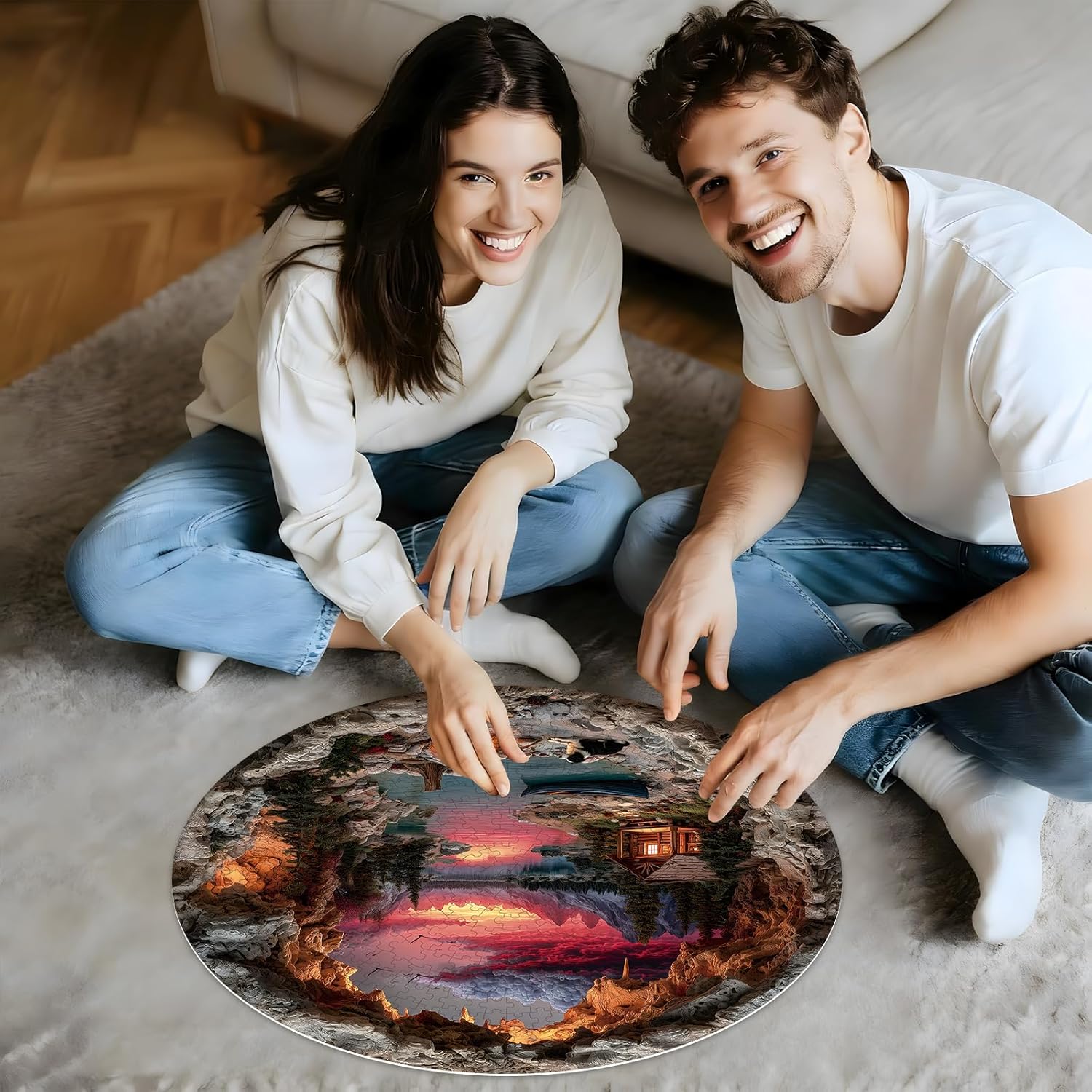 3D Visual Art Puzzles for Adults 1000 Pieces, Campfire Cabin Wilderness Nature Unique Hard 1000 Pieces Jigsaw Puzzles for Adults, 1000 Pieces Round Puzzle for Adults
