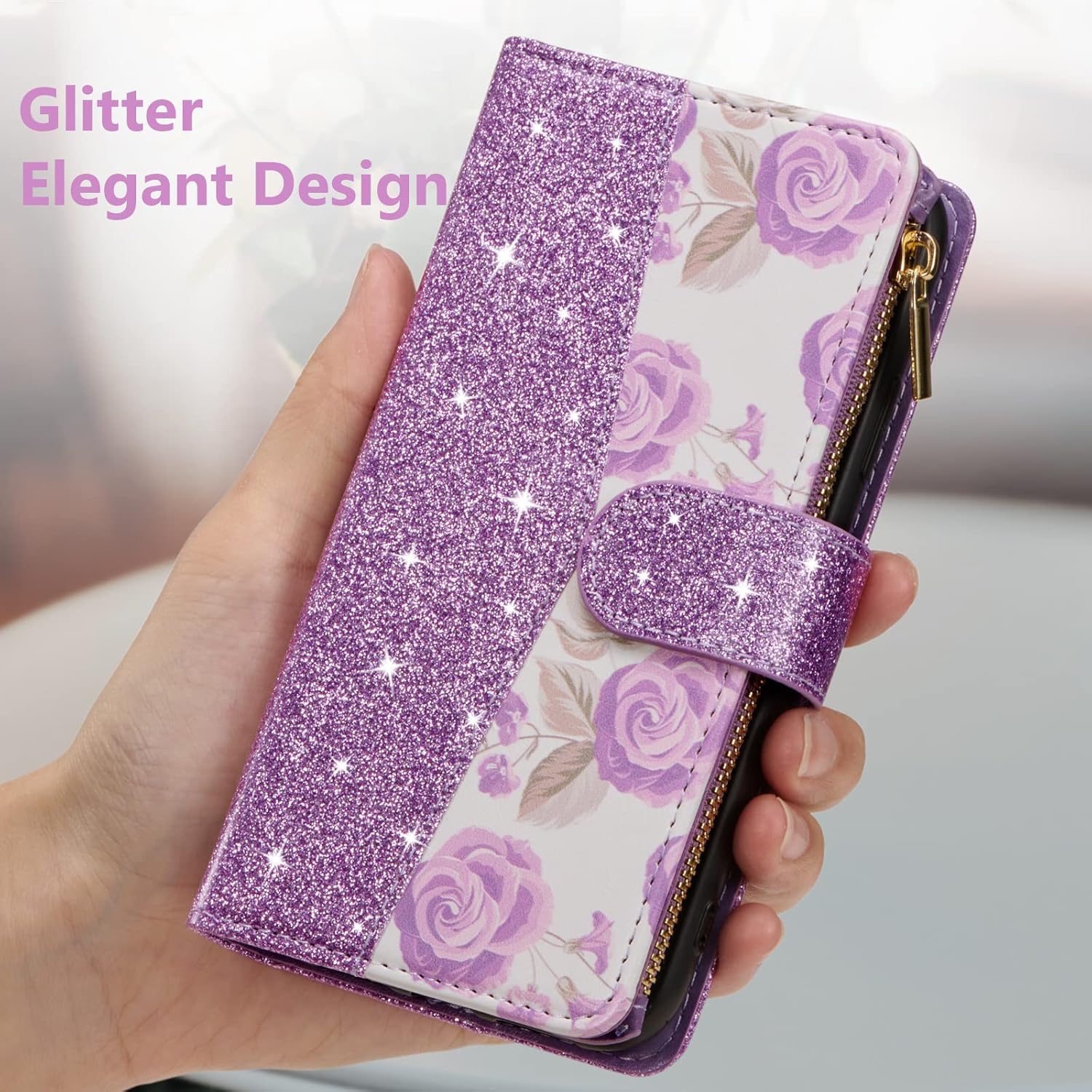 UEEBAI Wallet Case for Samsung Galaxy S25 Ultra 5G, PU Leather Wallet Magnetic Closure Handbag Zipper Pocket Cover Kickstand Card Slots with Hand Strap Rose Flip Case for Women - Bling Purple - Image 7