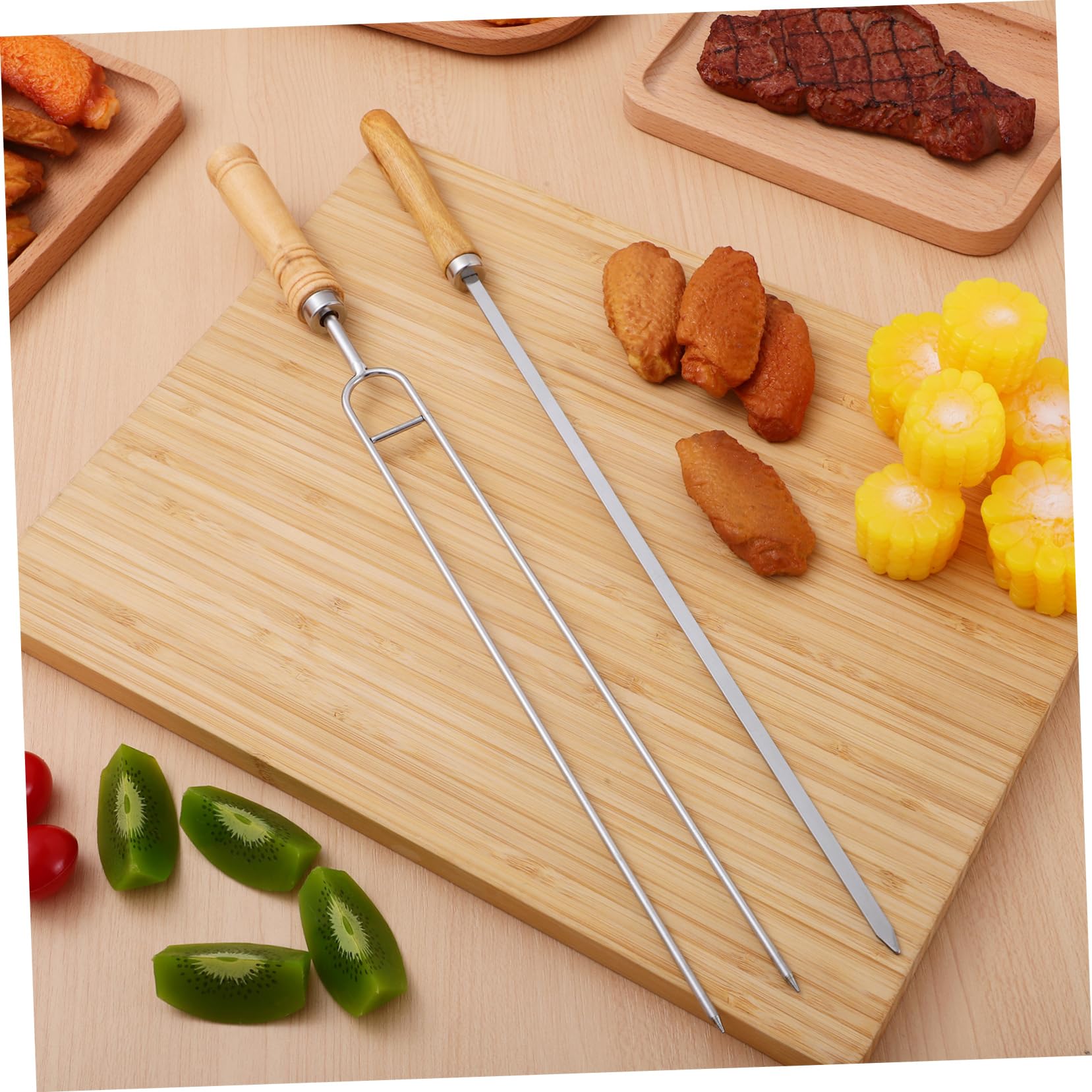 POPETPOP 8pezzi Spiedini per Barbecue in Acciaio Inox con Manici in Legno Bastoncini Doppia Testa e Testa Singola per Grigliare e Servire Inclusi Sacchetti per Arrostire Colore Casuale
