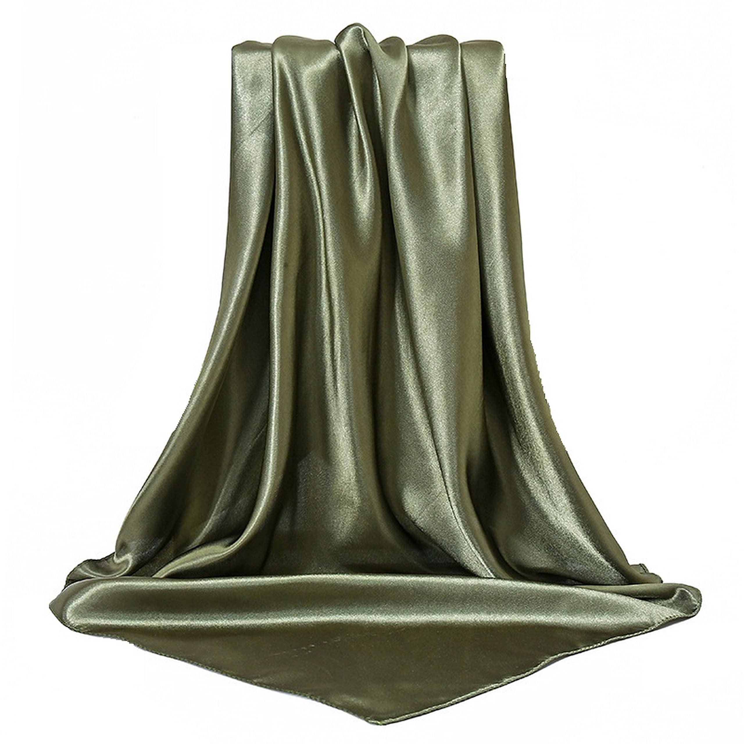 Women’s Silk Feel Square Hair Scarf Sleeping Headscarf, Solid Plain Vibrant Colors Bandana (Olive Green)