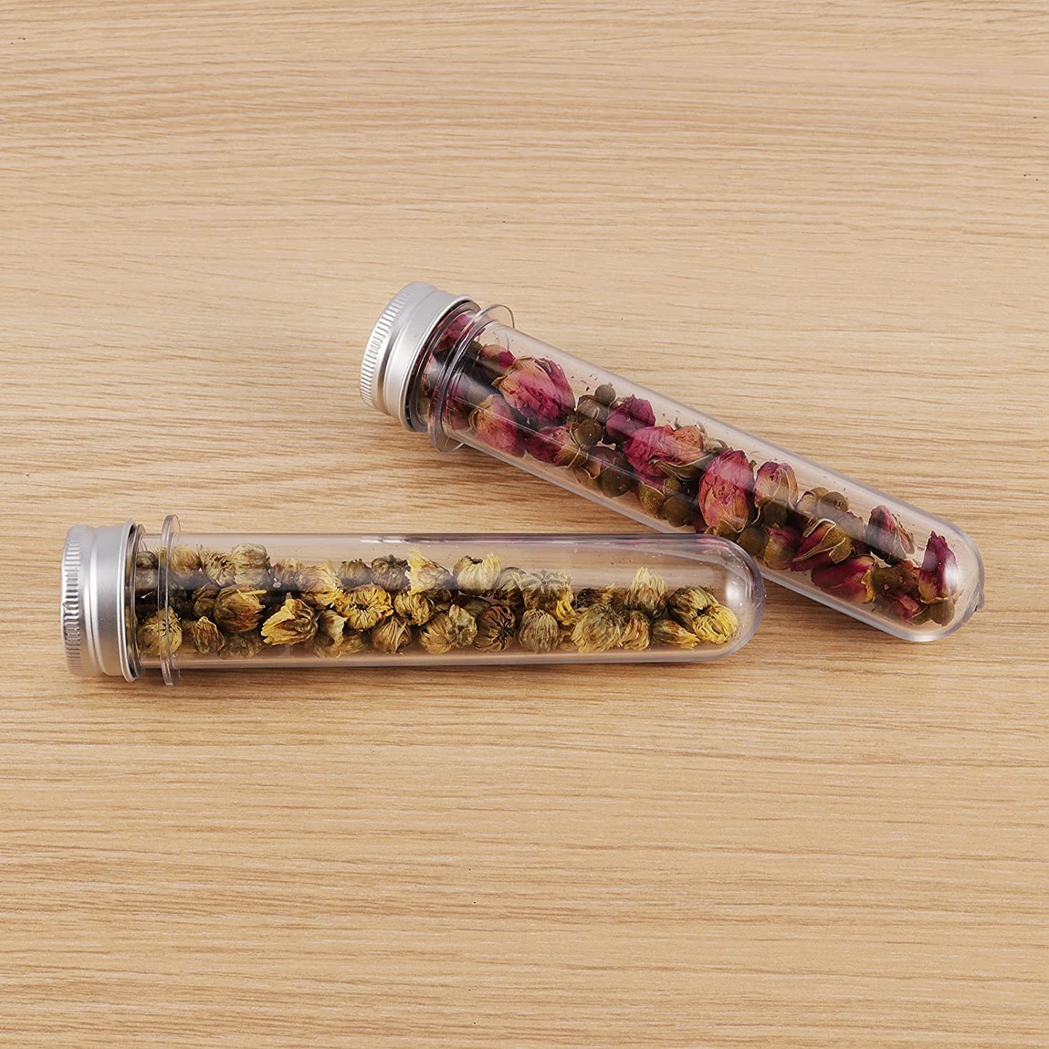 HAKZEON 75 tubos de ensayo de plástico de 40 ml con tapas, tubos de ensayo transparentes de 140 x 25 mm con hojas de protección de sello para experimentos científicos, recipiente de sal de caramelos