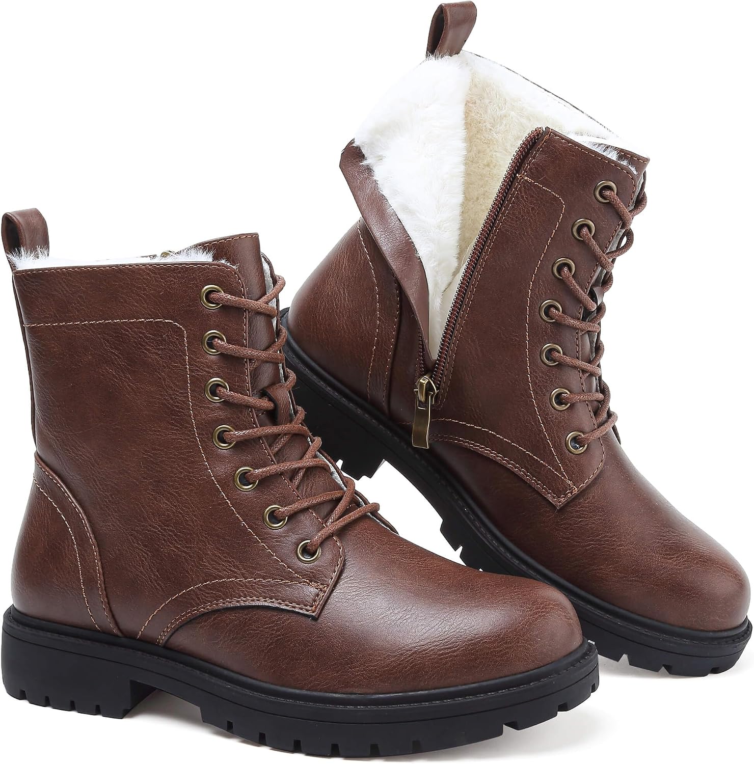 todaysunny Womens Combat Winter Boots Fur Lined Snow Boots Lace Up Side Zip