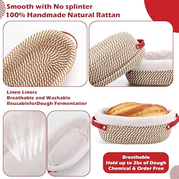 Gejoy 4 Pcs 10 Inch Cotton Rope Banneton Bread Proofing Basket Set Oval Bread Baskets with Liners & Covers Proofing Baskets for Sourdough Baking with 4 Strickle for Home Bakers Wife Mom(Yellow, White)
